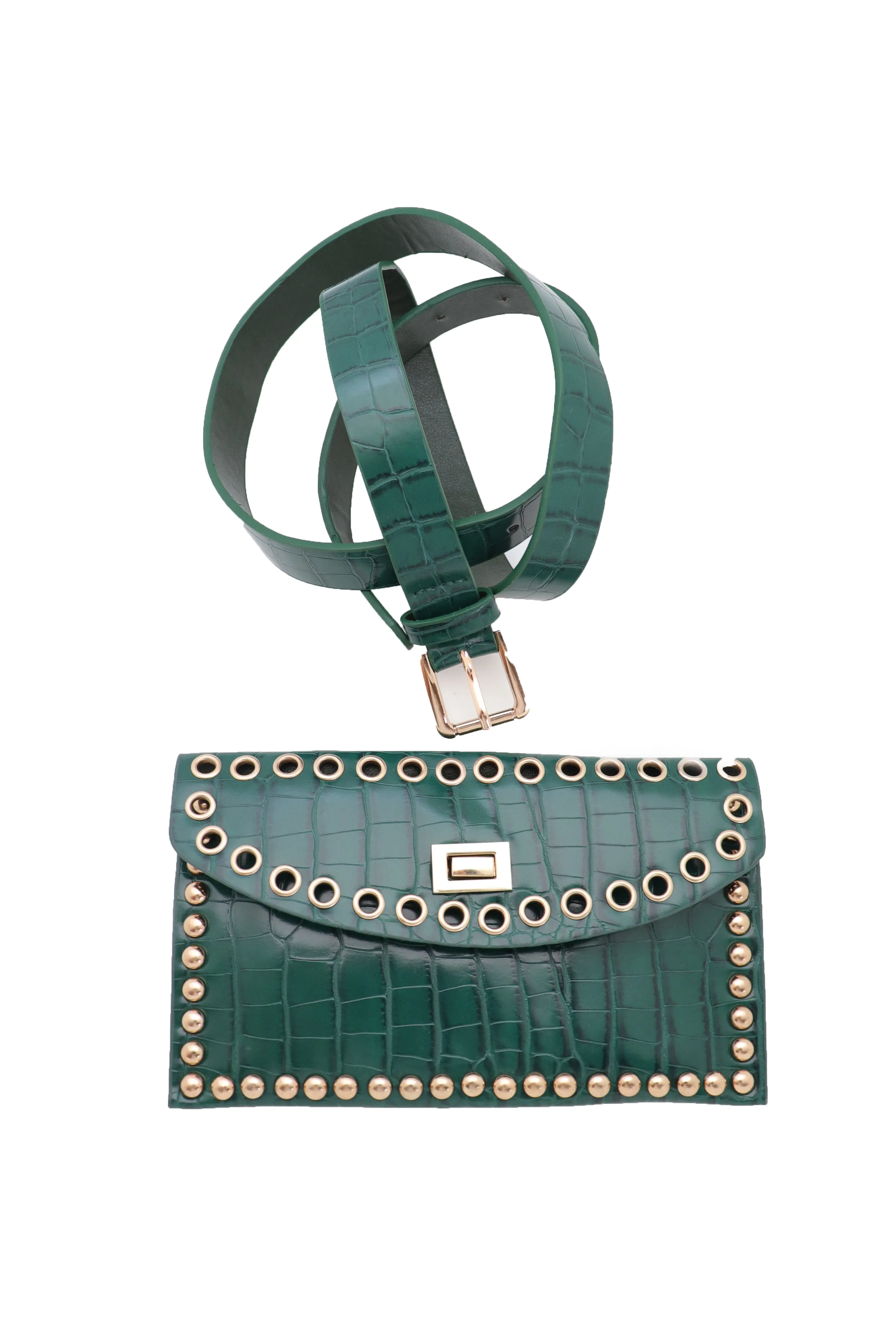 Green Faux Crocodile Leather Fashion Belt   Phone Purse Gold Metal Stud