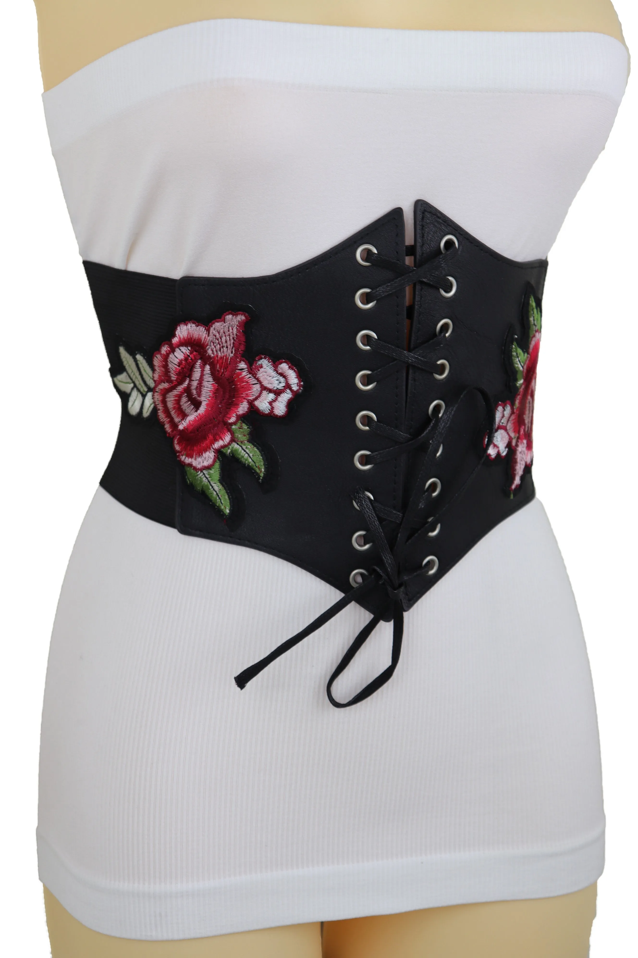 High Waist Wide Strap Black Corset Elastic Band Belt Red Rose Flowers S M