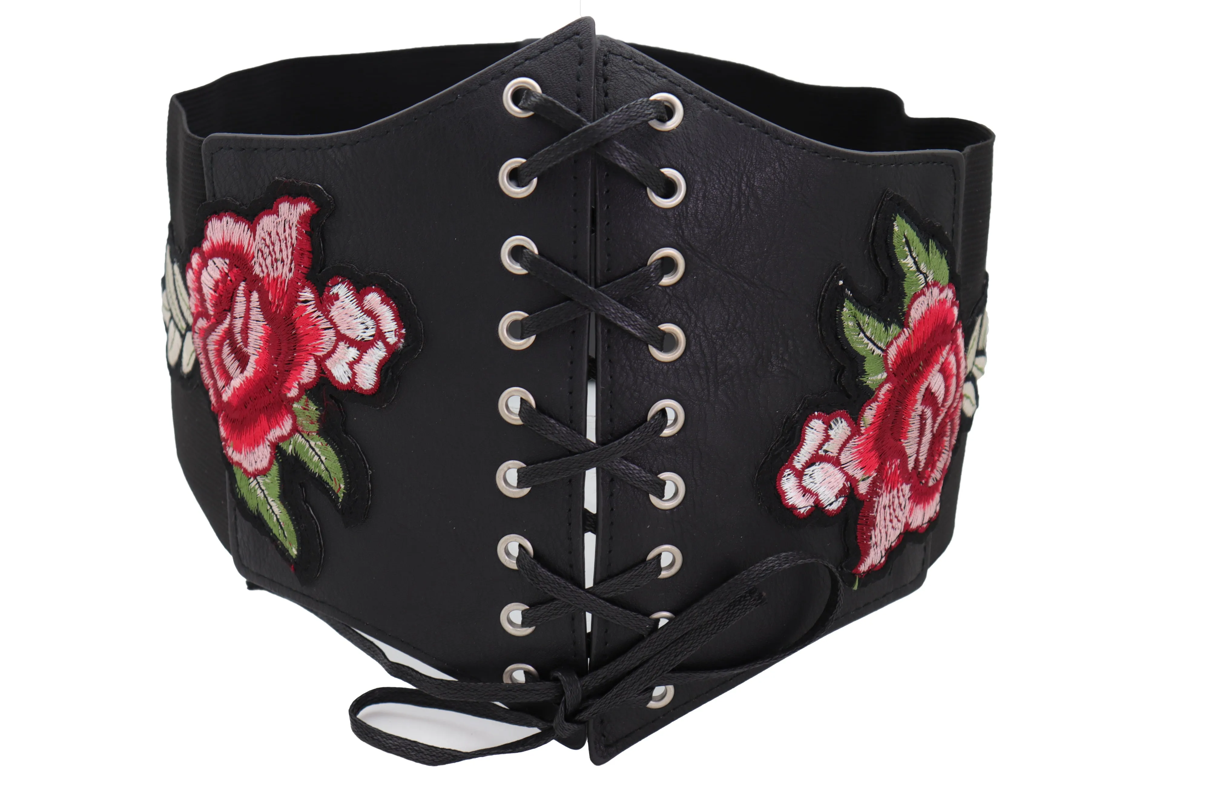 High Waist Wide Strap Black Corset Elastic Band Belt Red Rose Flowers S M