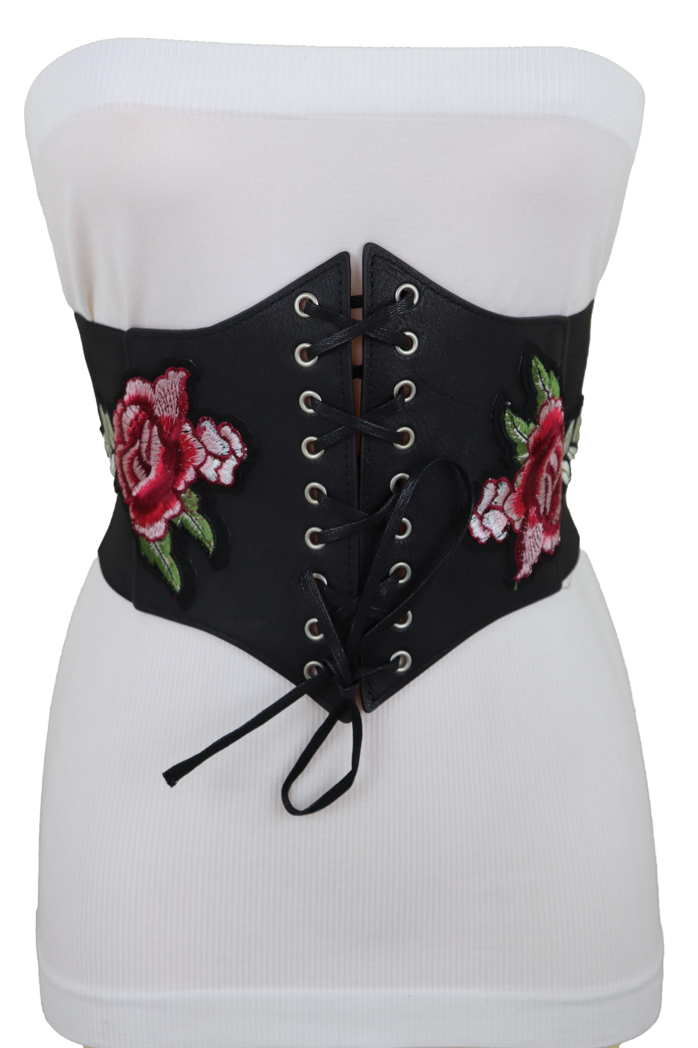 High Waist Wide Strap Black Corset Elastic Band Belt Red Rose Flowers S M