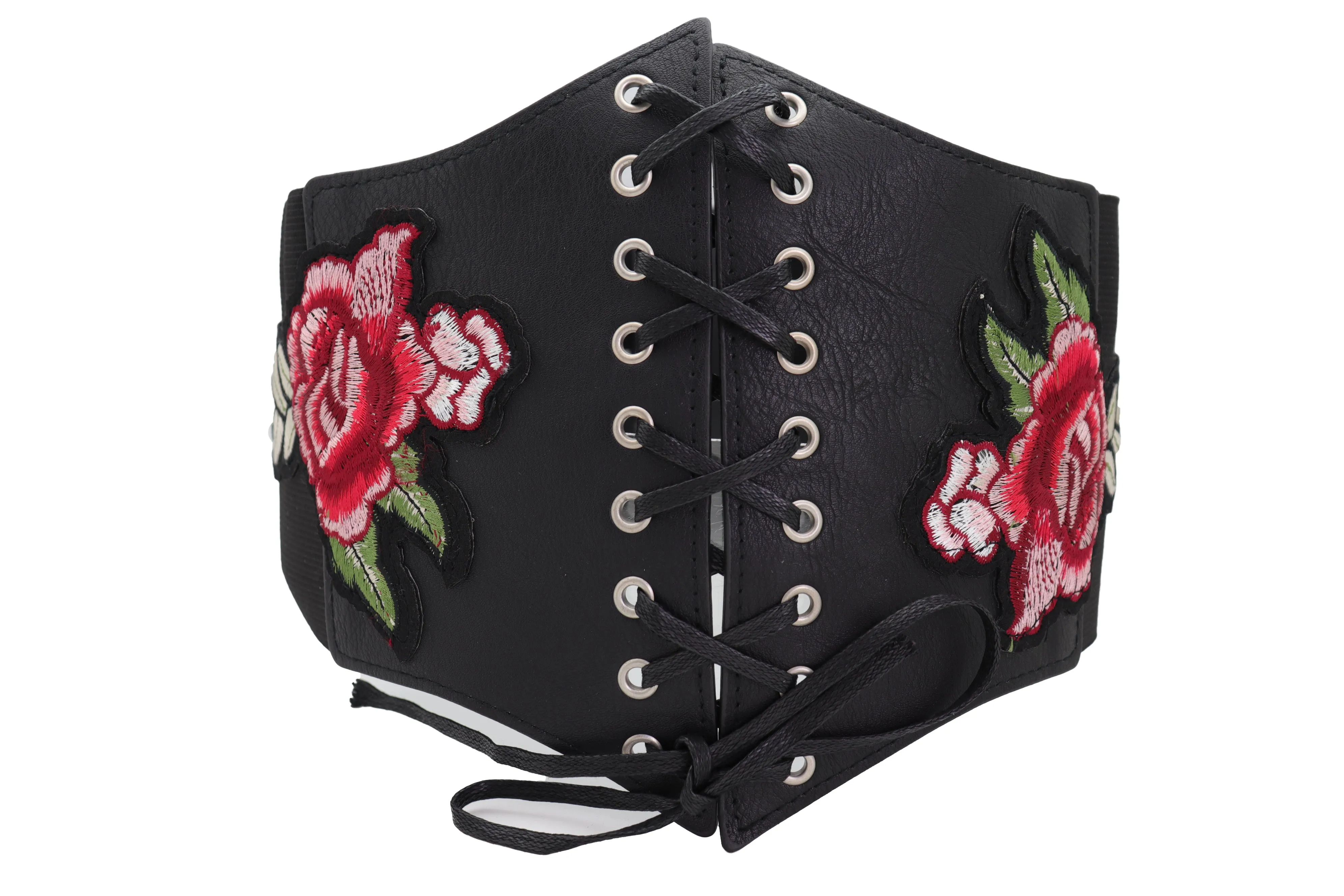 High Waist Wide Strap Black Corset Elastic Band Belt Red Rose Flowers S M