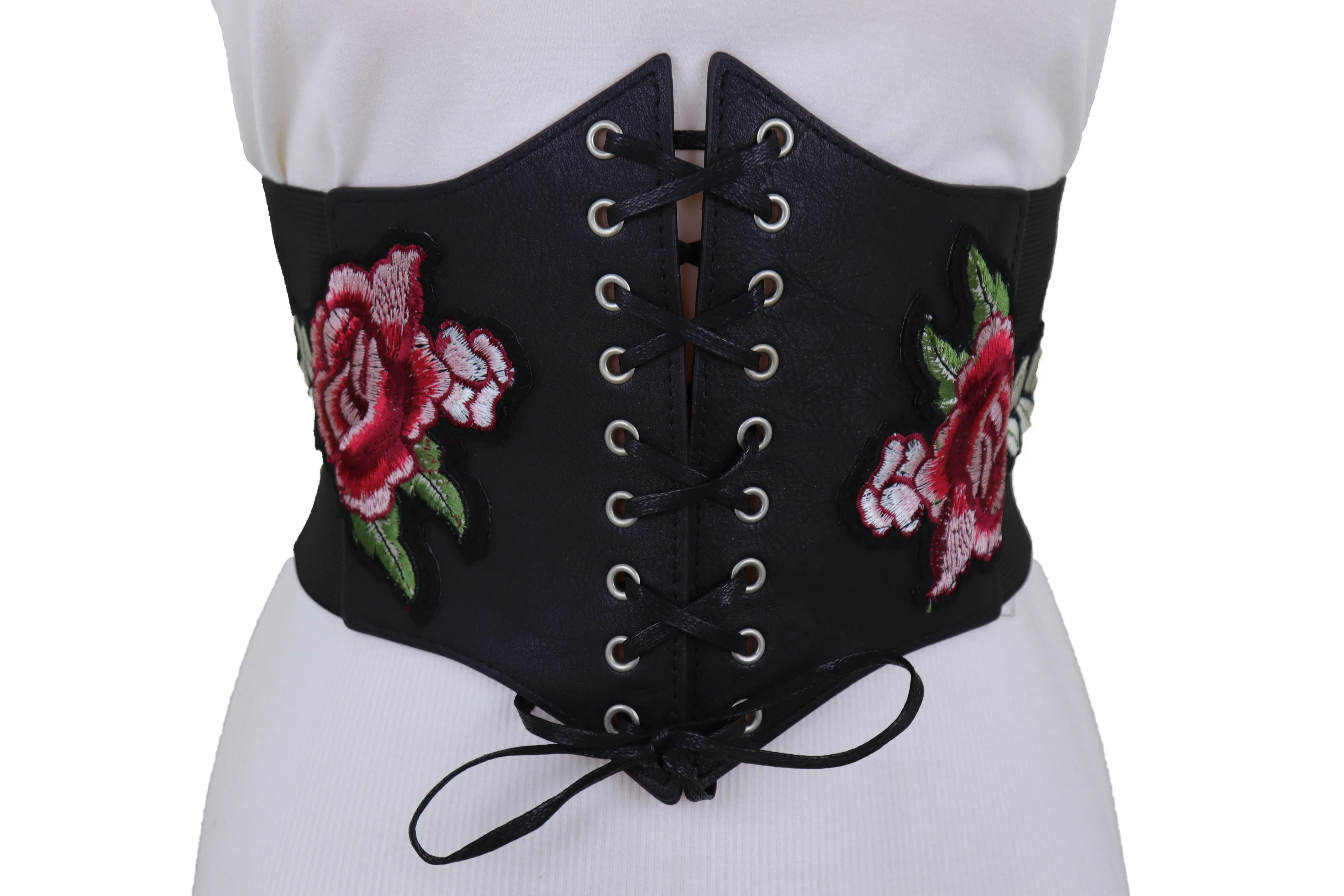 High Waist Wide Strap Black Corset Elastic Band Belt Red Rose Flowers S M