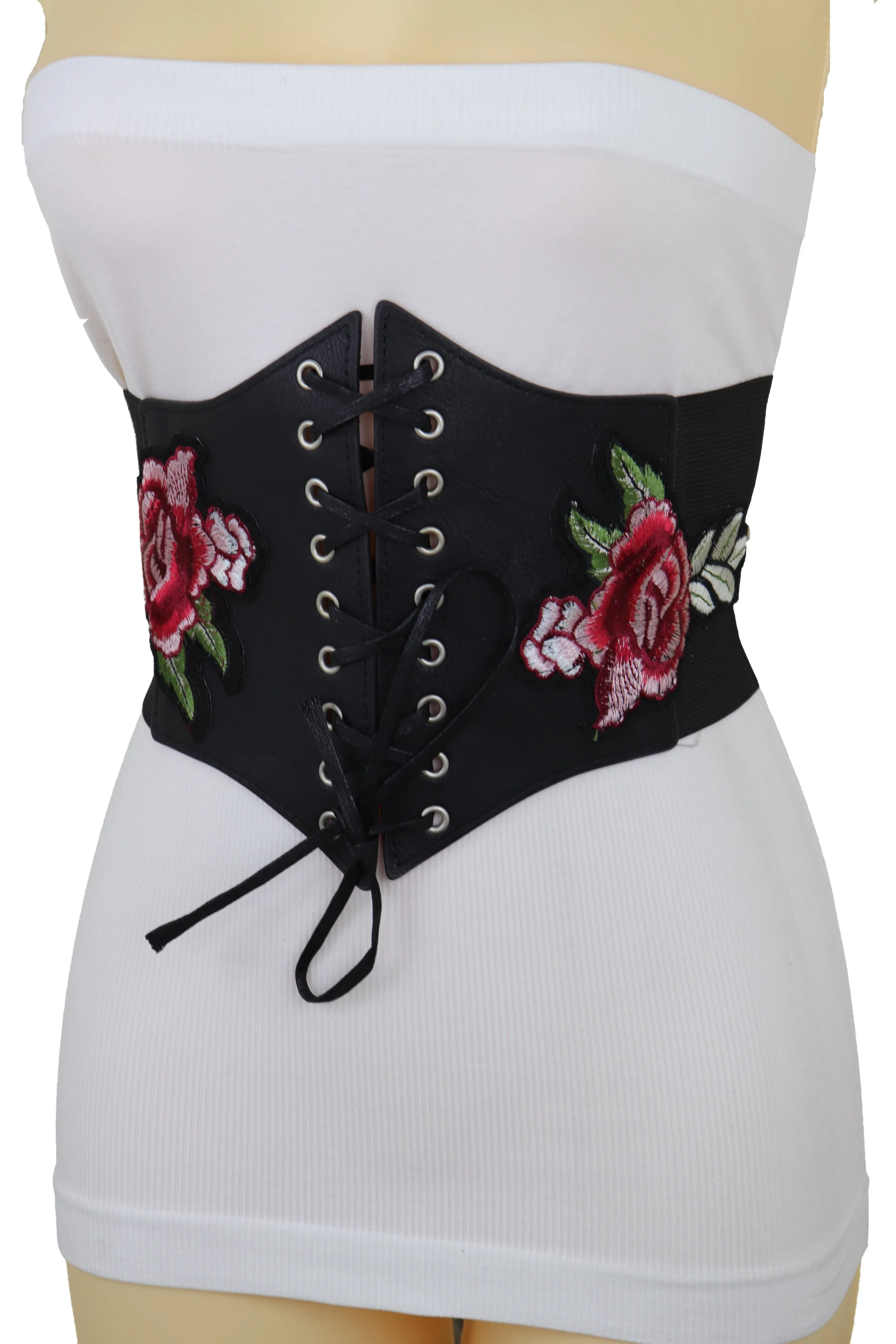 High Waist Wide Strap Black Corset Elastic Band Belt Red Rose Flowers S M