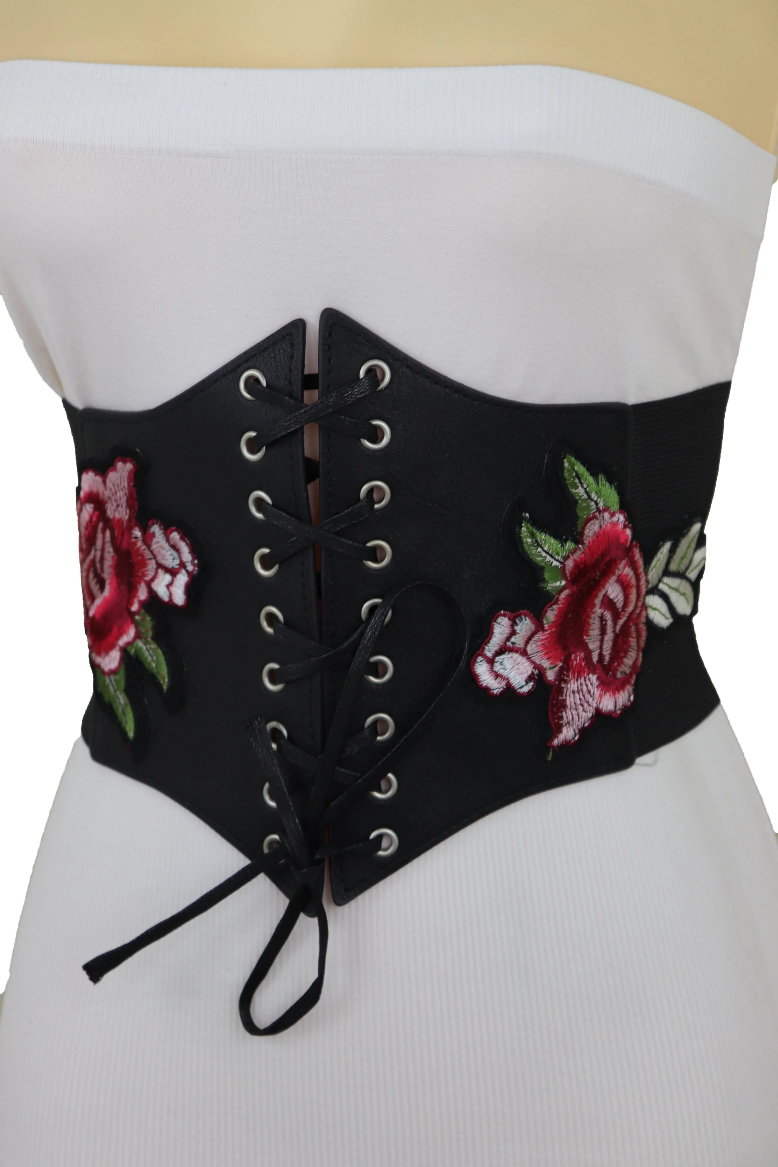 High Waist Wide Strap Black Corset Elastic Band Belt Red Rose Flowers S M