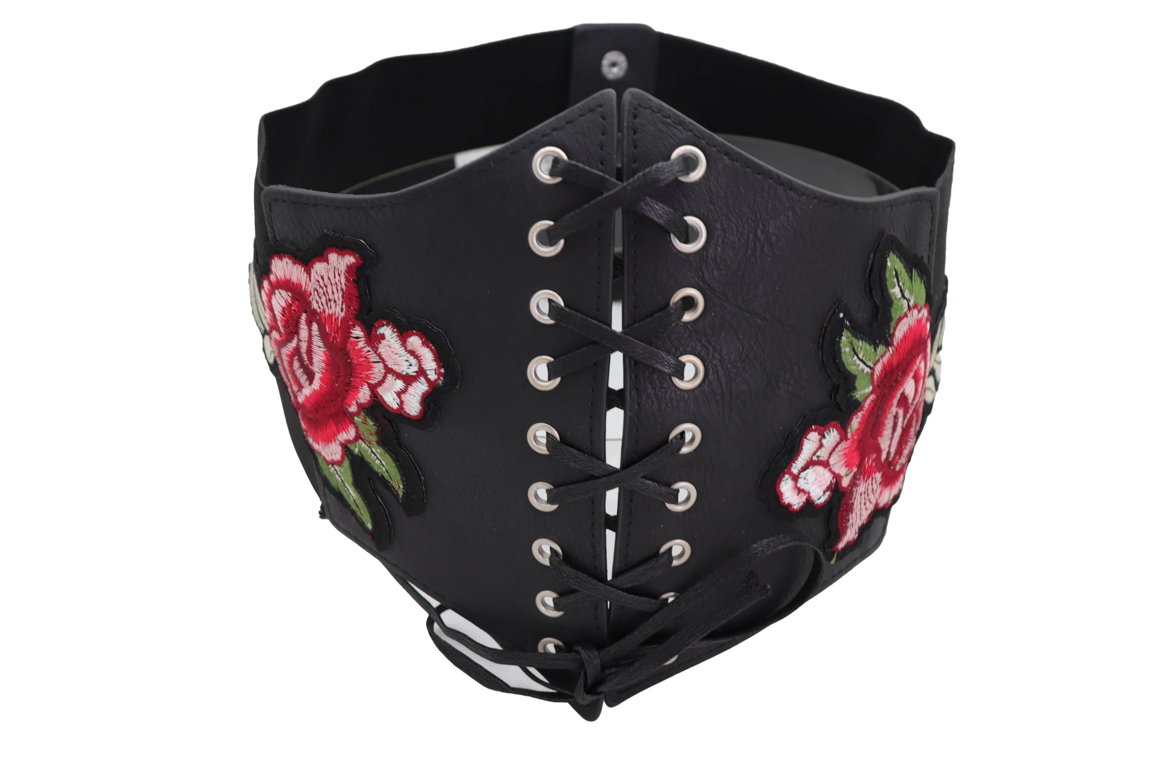 High Waist Wide Strap Black Corset Elastic Band Belt Red Rose Flowers S M