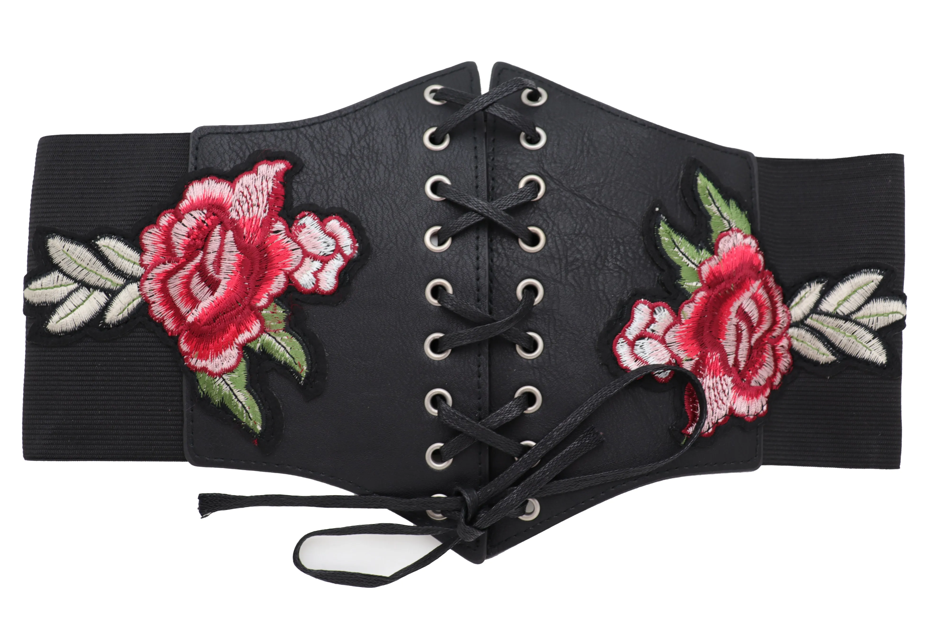 High Waist Wide Strap Black Corset Elastic Band Belt Red Rose Flowers S M