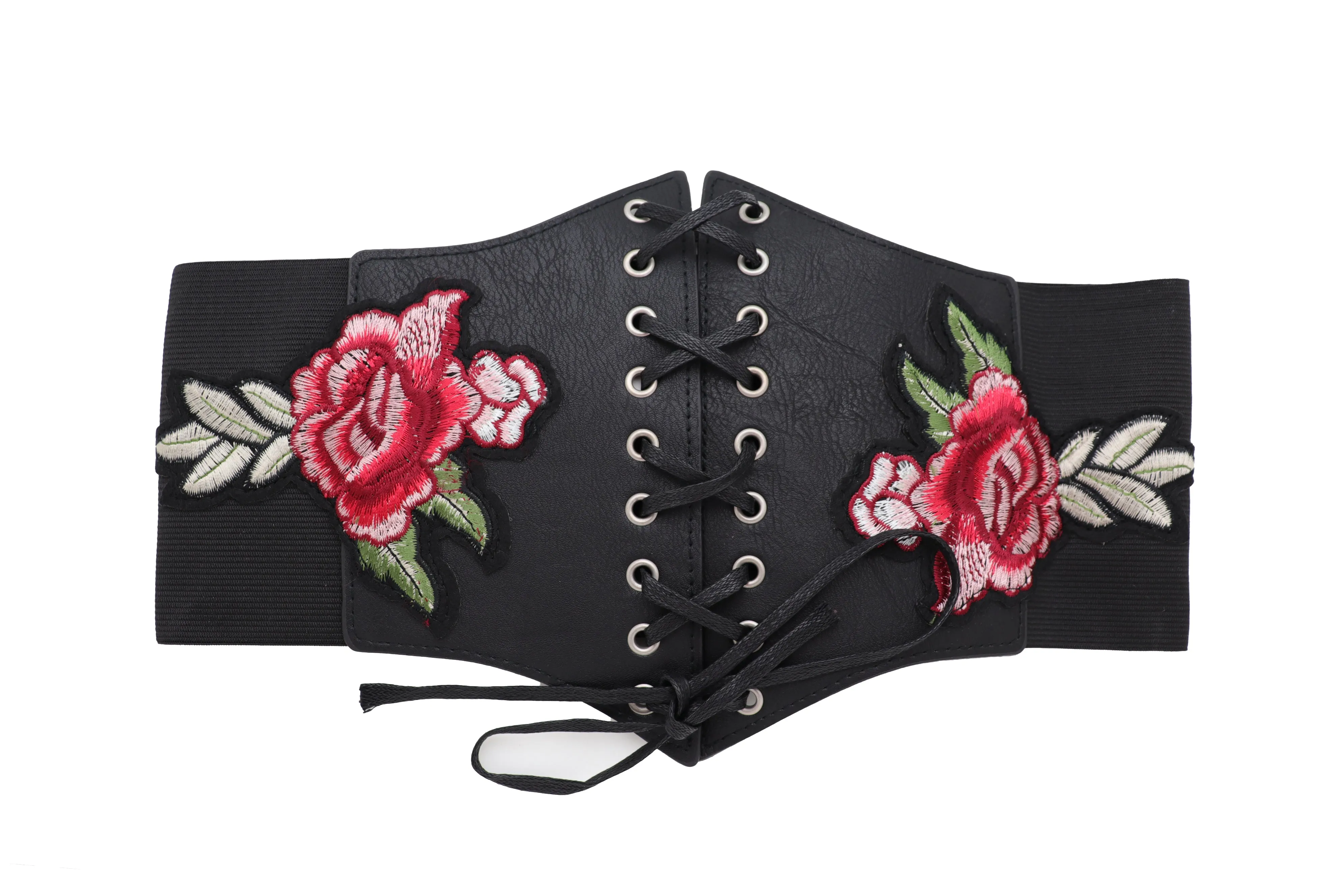 High Waist Wide Strap Black Corset Elastic Band Belt Red Rose Flowers S M