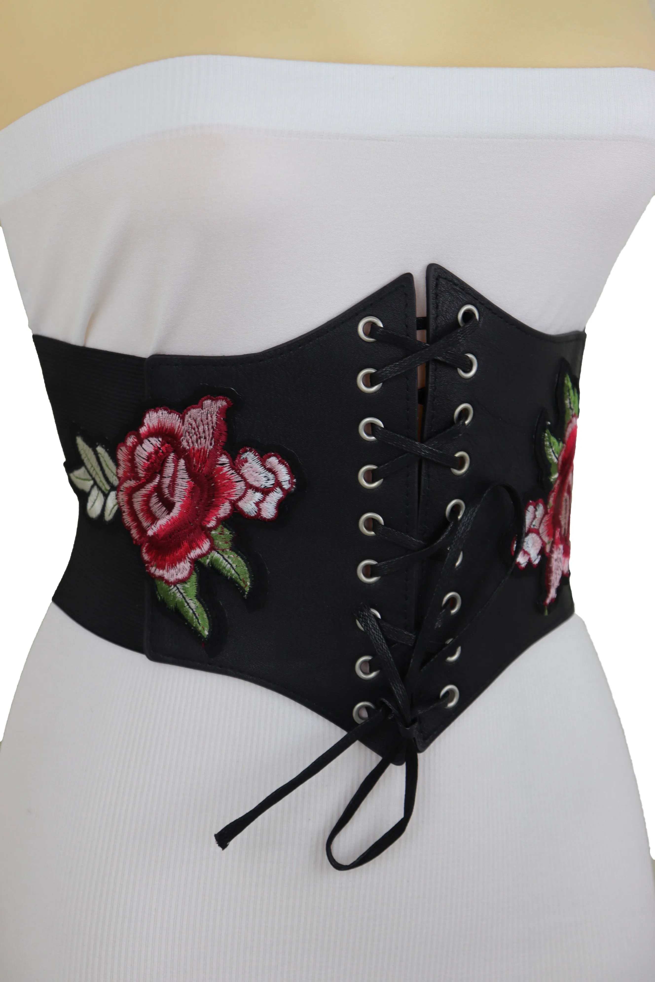 High Waist Wide Strap Black Corset Elastic Band Belt Red Rose Flowers S M