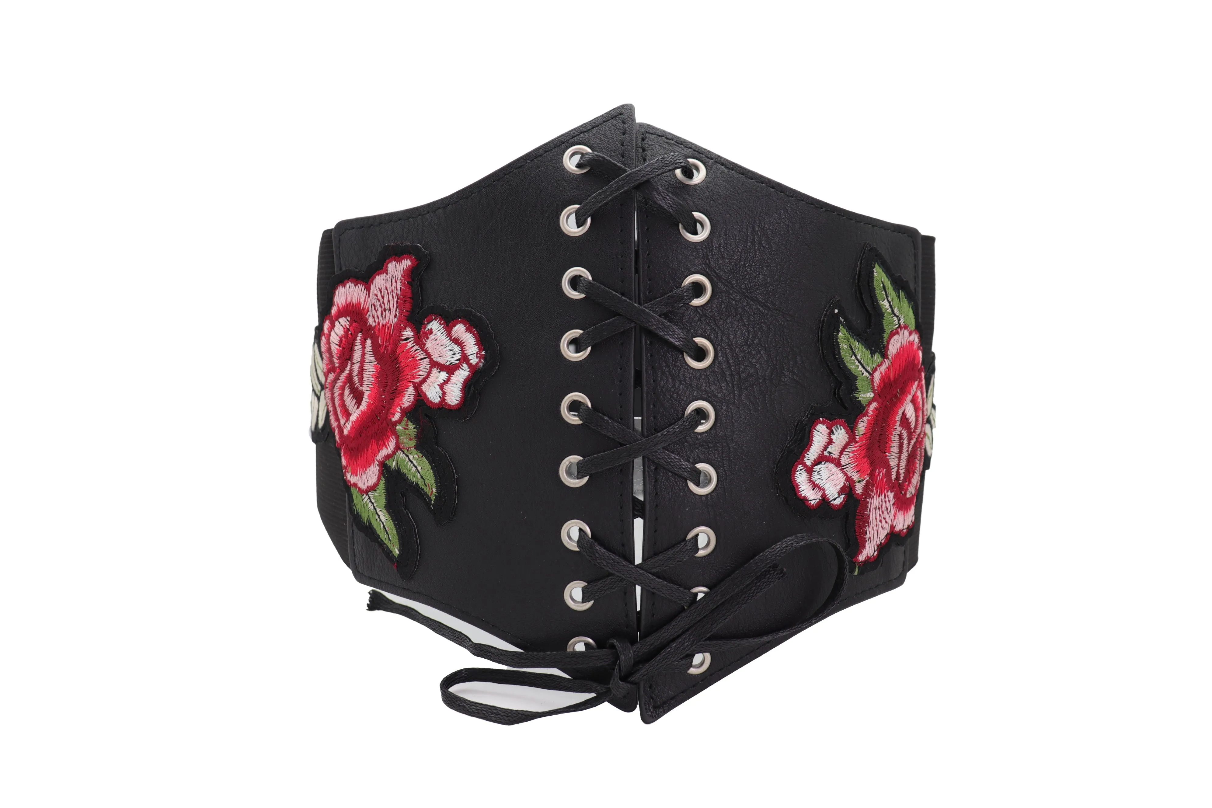 High Waist Wide Strap Black Corset Elastic Band Belt Red Rose Flowers S M