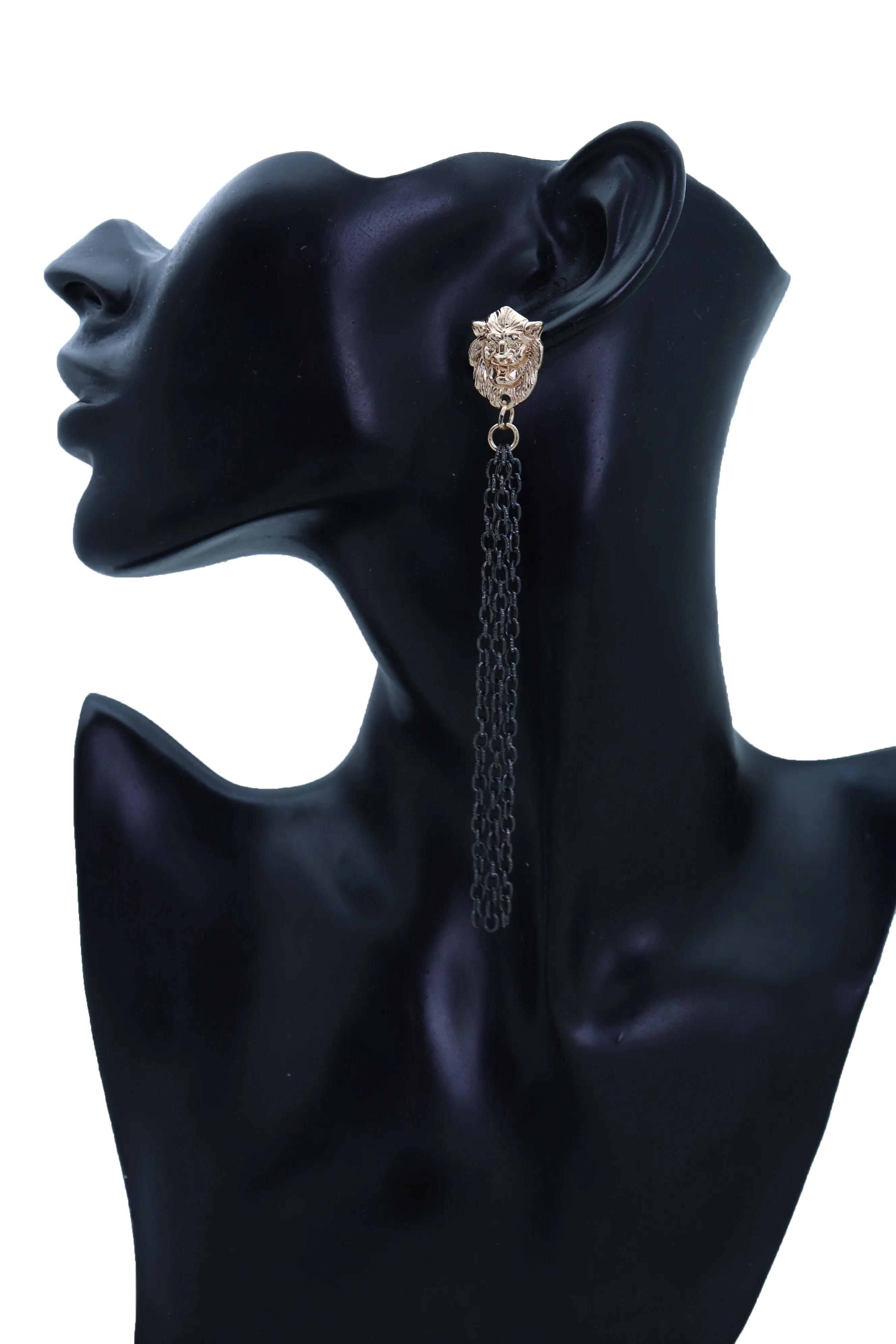 Hook Earrings Set Black Metal Chain Long Tassel Gold Lion