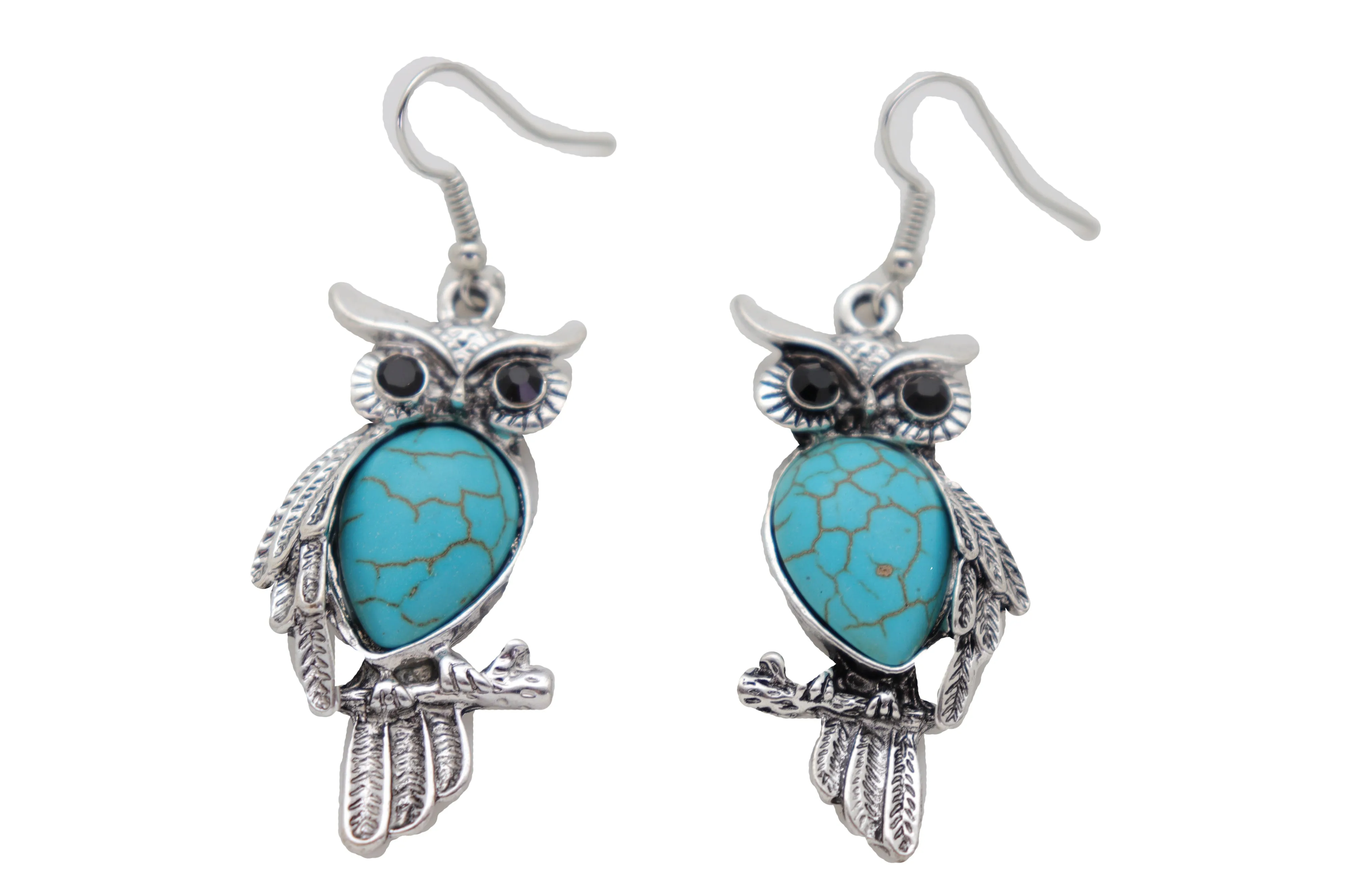 Hook Earrings Set Ethnic Silver Metal Owl Bird Jewelry Turquoise Blue Bead