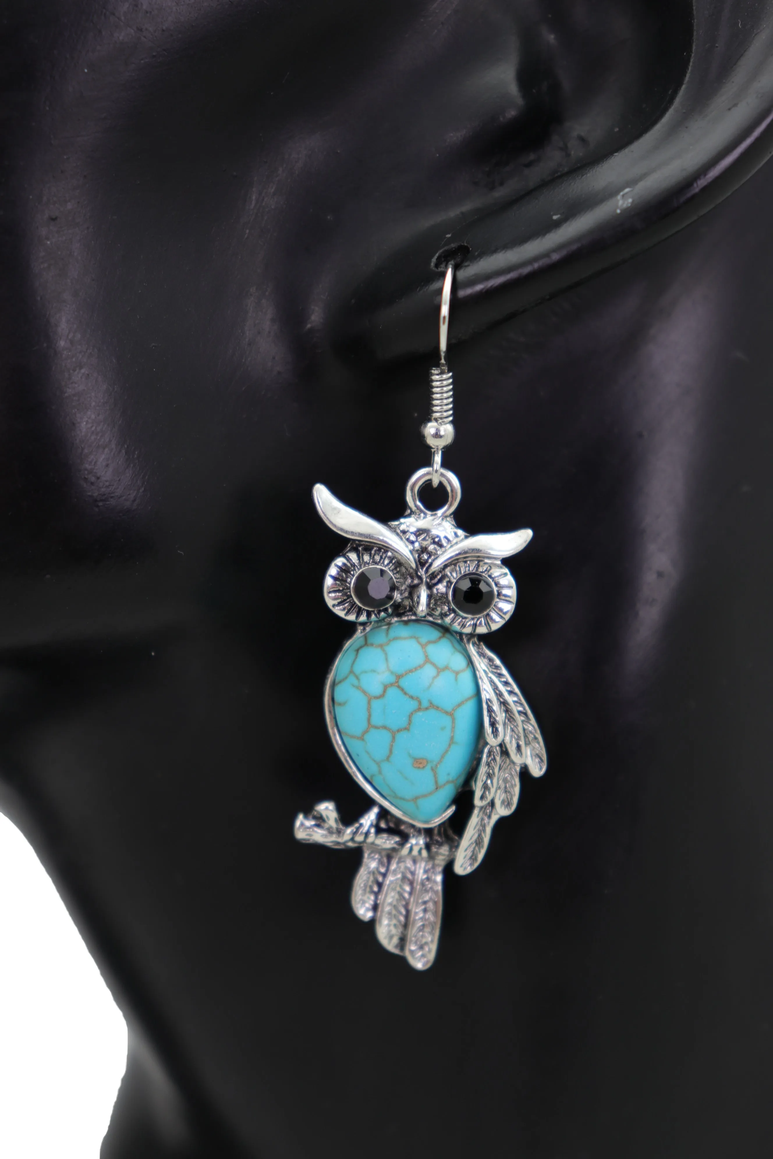 Hook Earrings Set Ethnic Silver Metal Owl Bird Jewelry Turquoise Blue Bead