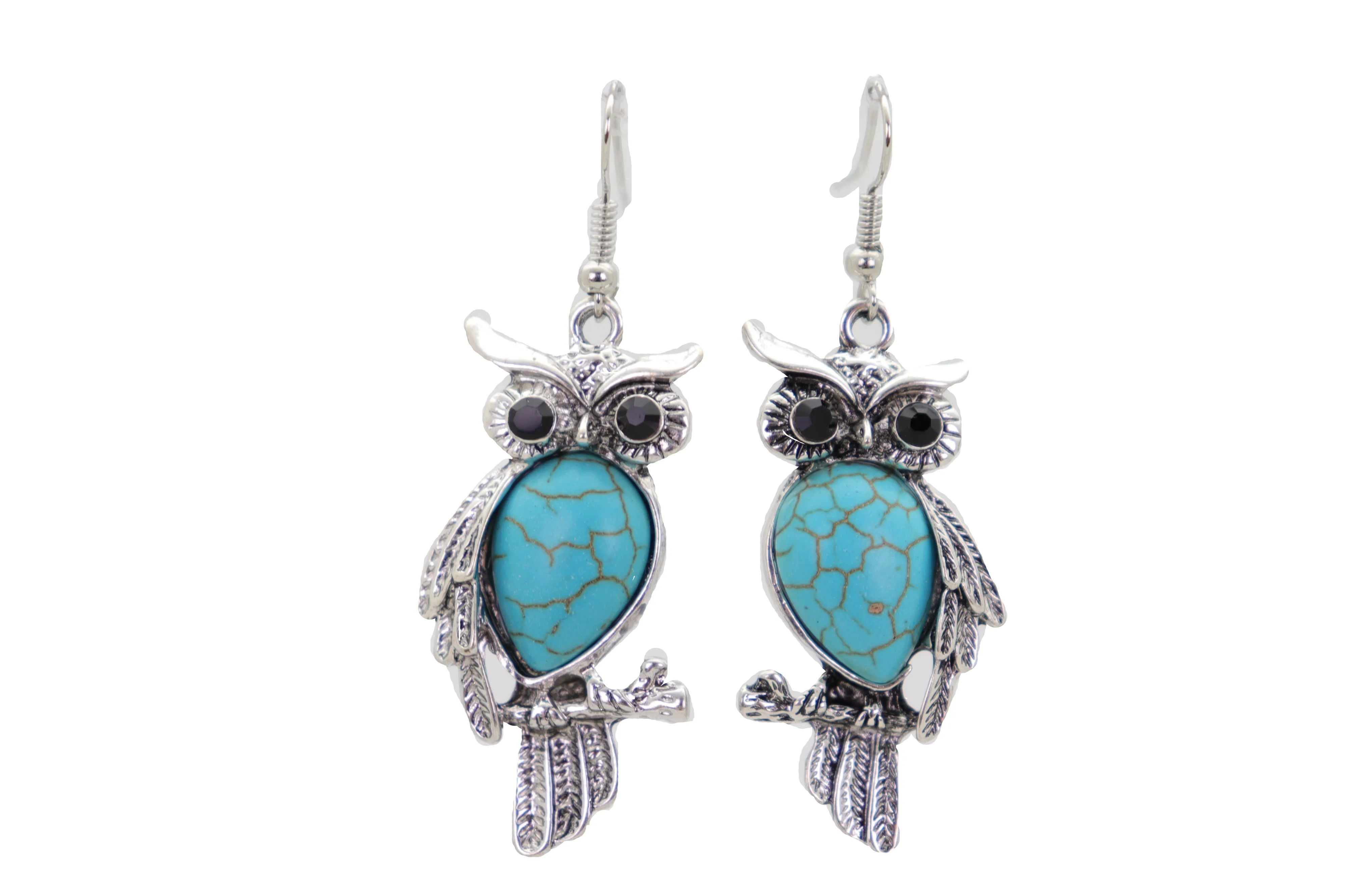 Hook Earrings Set Ethnic Silver Metal Owl Bird Jewelry Turquoise Blue Bead