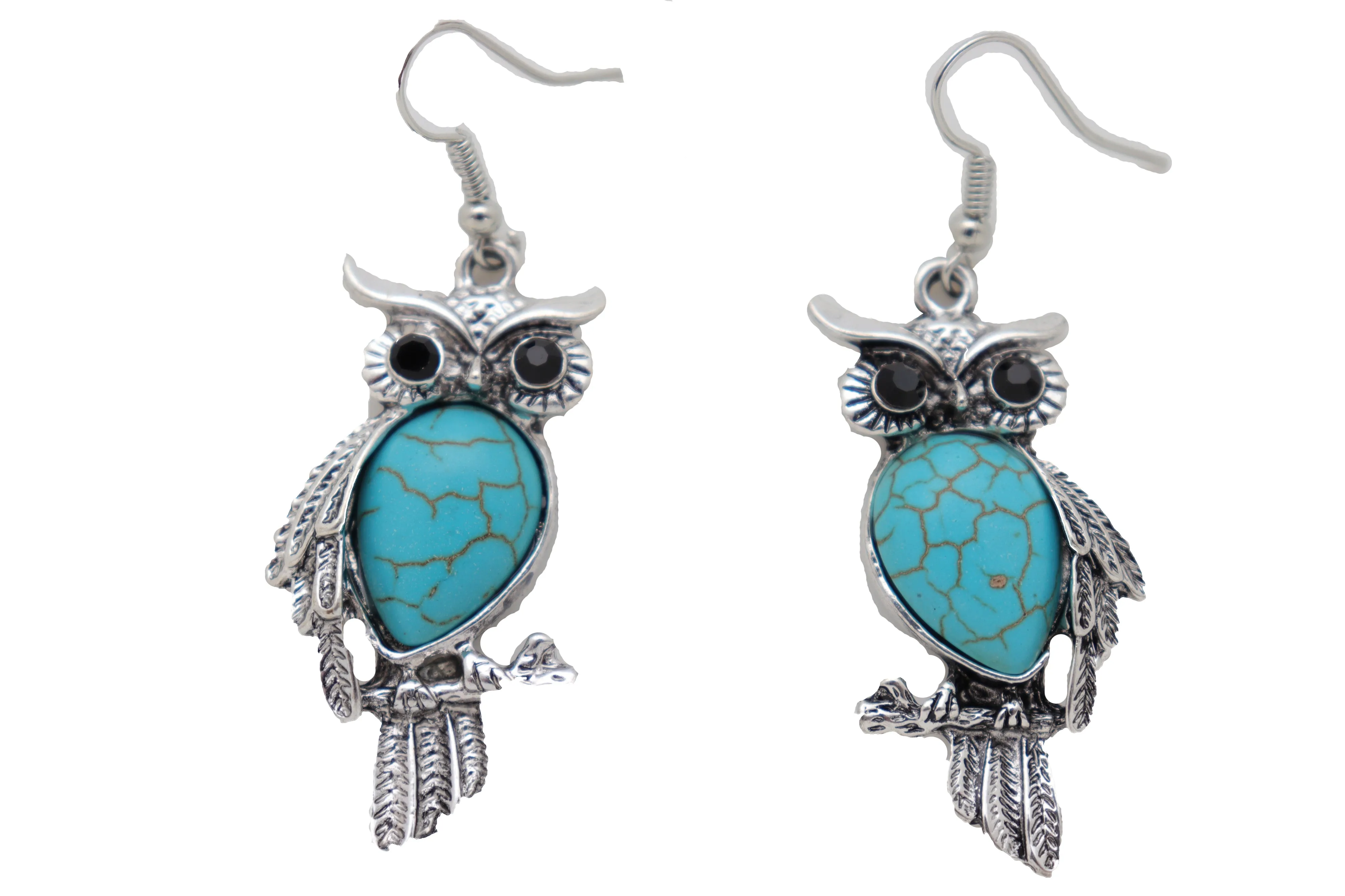 Hook Earrings Set Ethnic Silver Metal Owl Bird Jewelry Turquoise Blue Bead