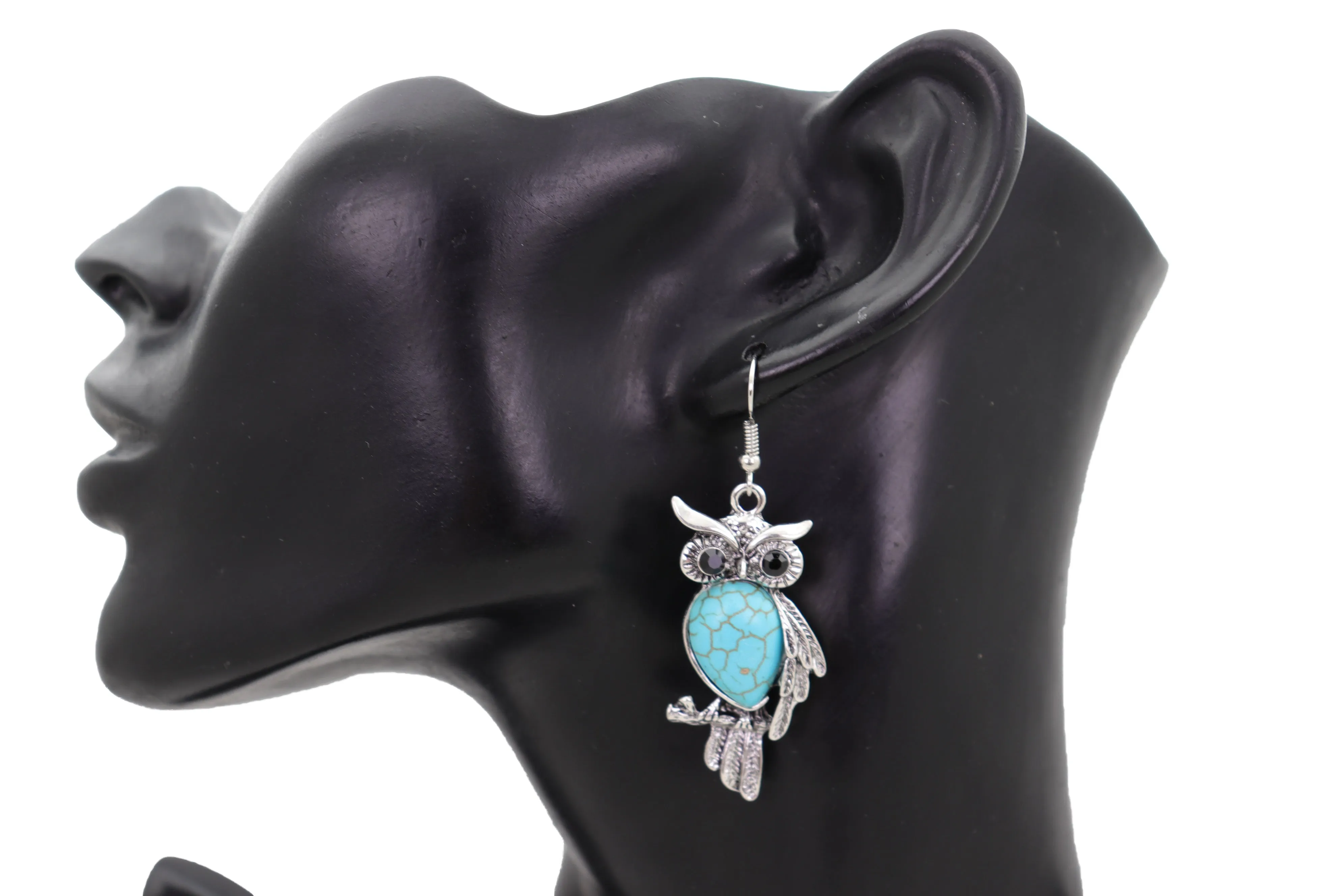 Hook Earrings Set Ethnic Silver Metal Owl Bird Jewelry Turquoise Blue Bead