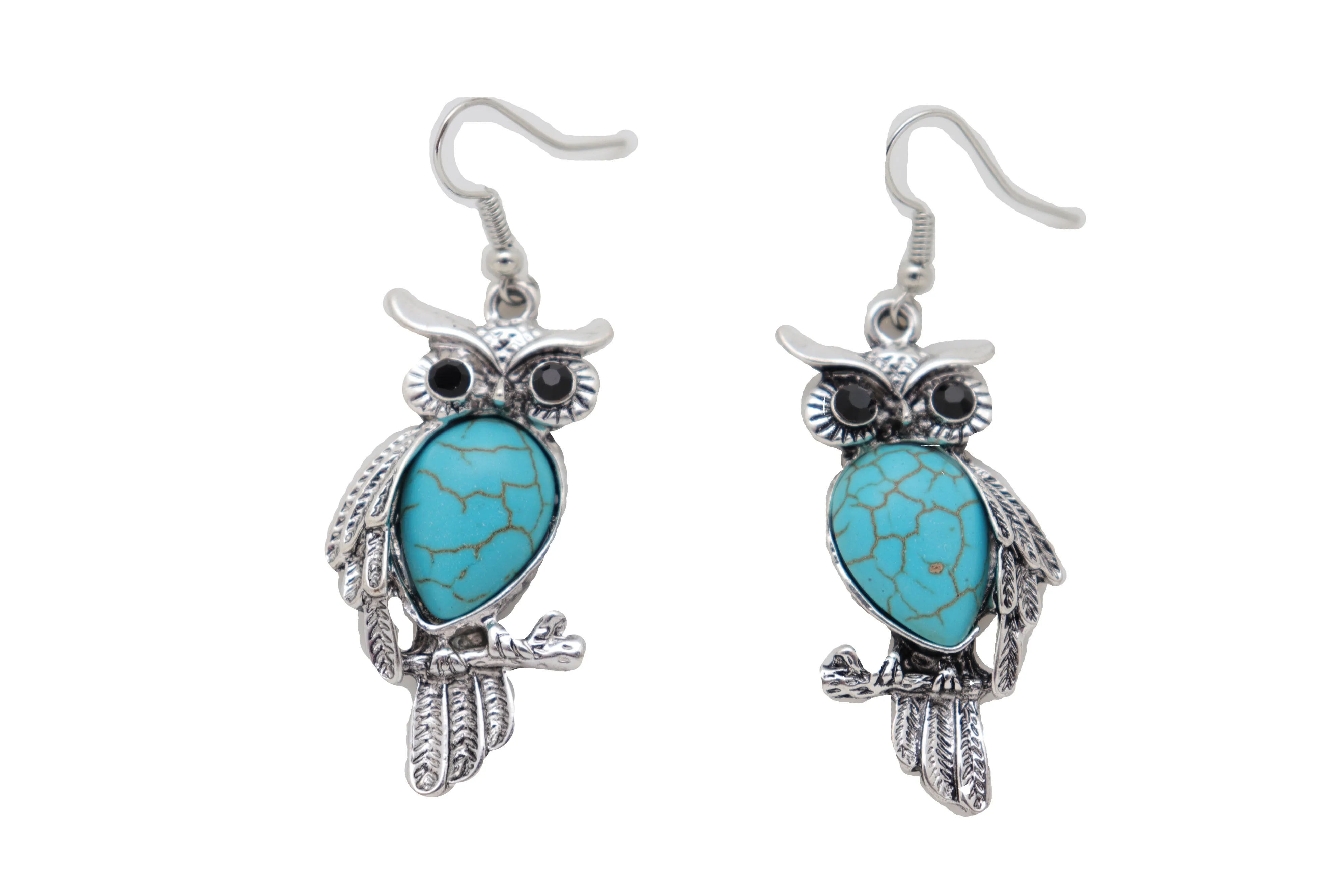 Hook Earrings Set Ethnic Silver Metal Owl Bird Jewelry Turquoise Blue Bead