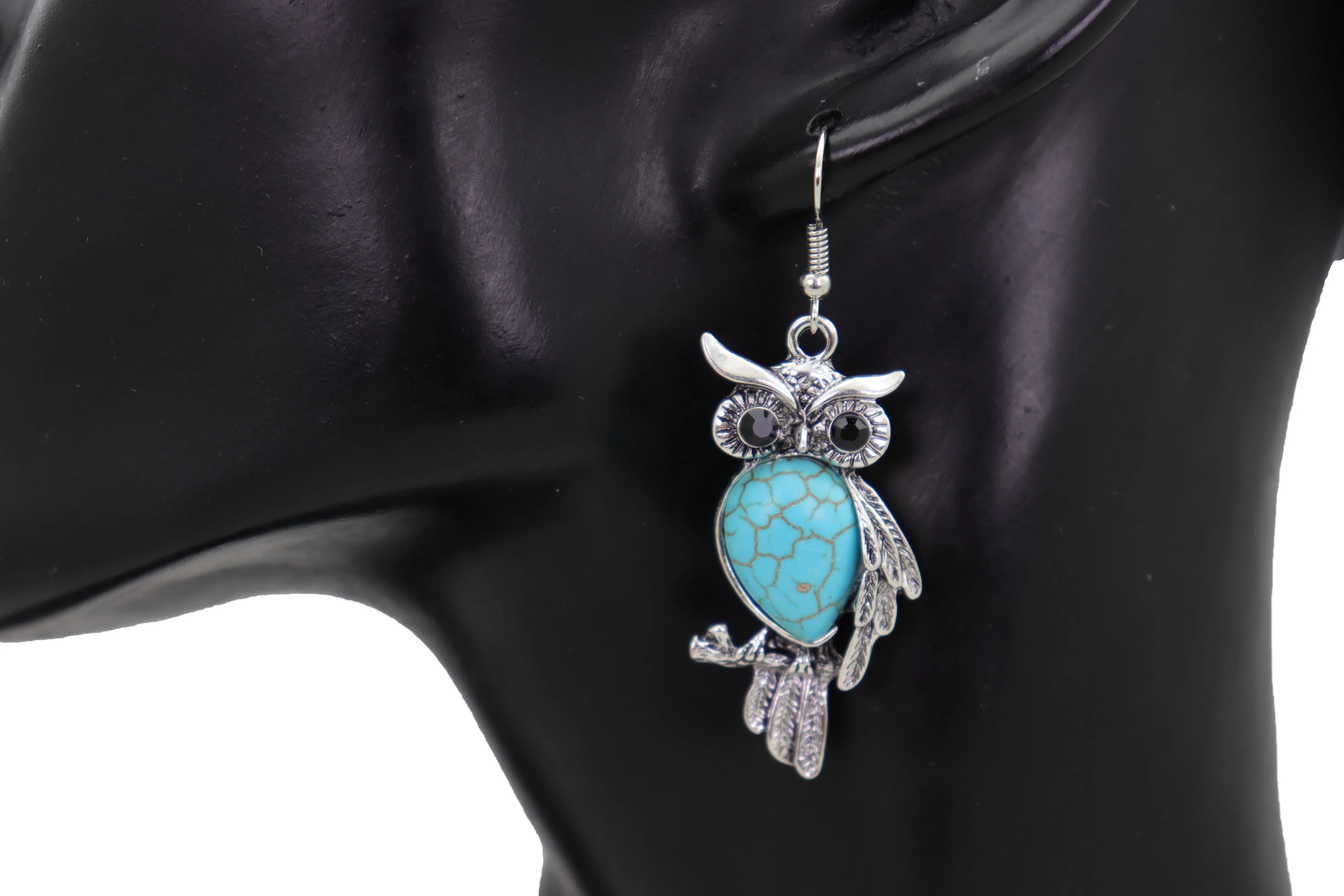 Hook Earrings Set Ethnic Silver Metal Owl Bird Jewelry Turquoise Blue Bead