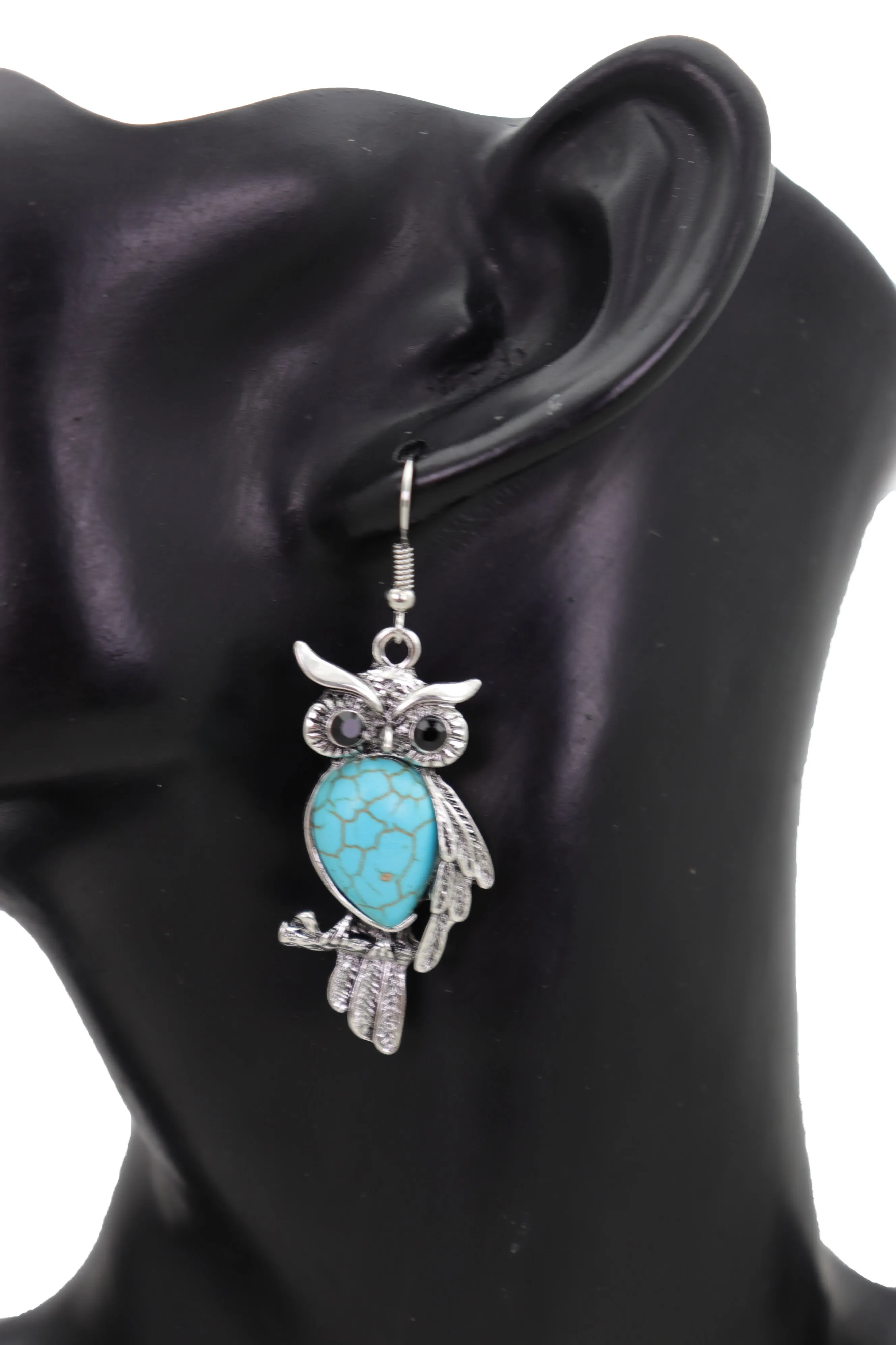 Hook Earrings Set Ethnic Silver Metal Owl Bird Jewelry Turquoise Blue Bead