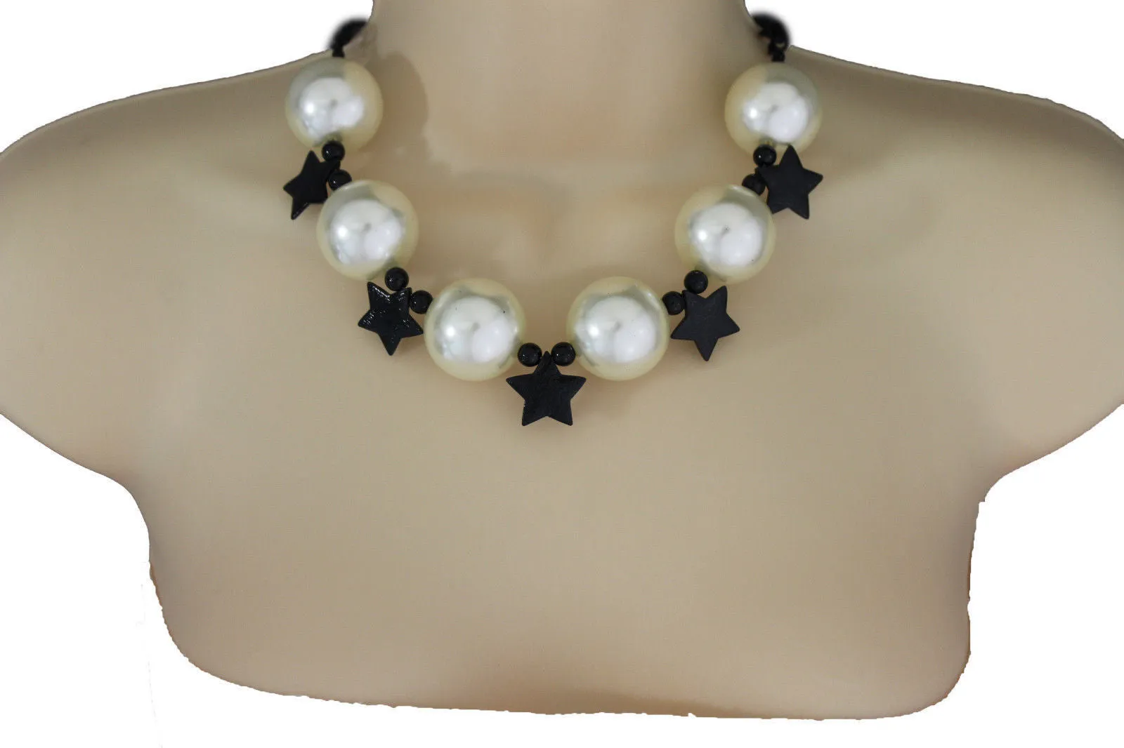 Large Circular Beads with Metal Stars Short Necklace & Earrings Set