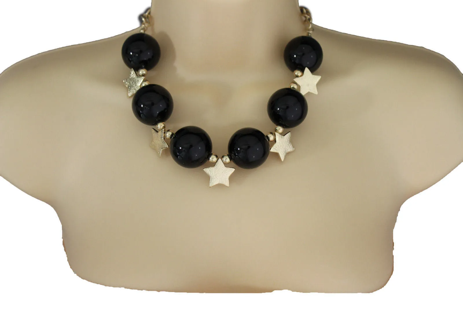 Large Circular Beads with Metal Stars Short Necklace & Earrings Set