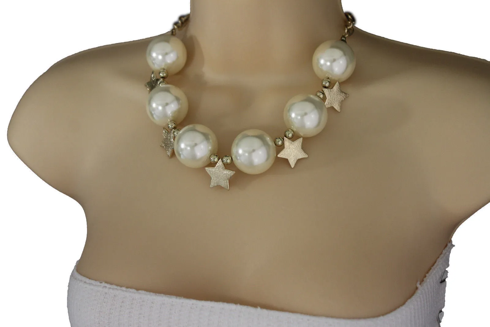 Large Circular Beads with Metal Stars Short Necklace & Earrings Set