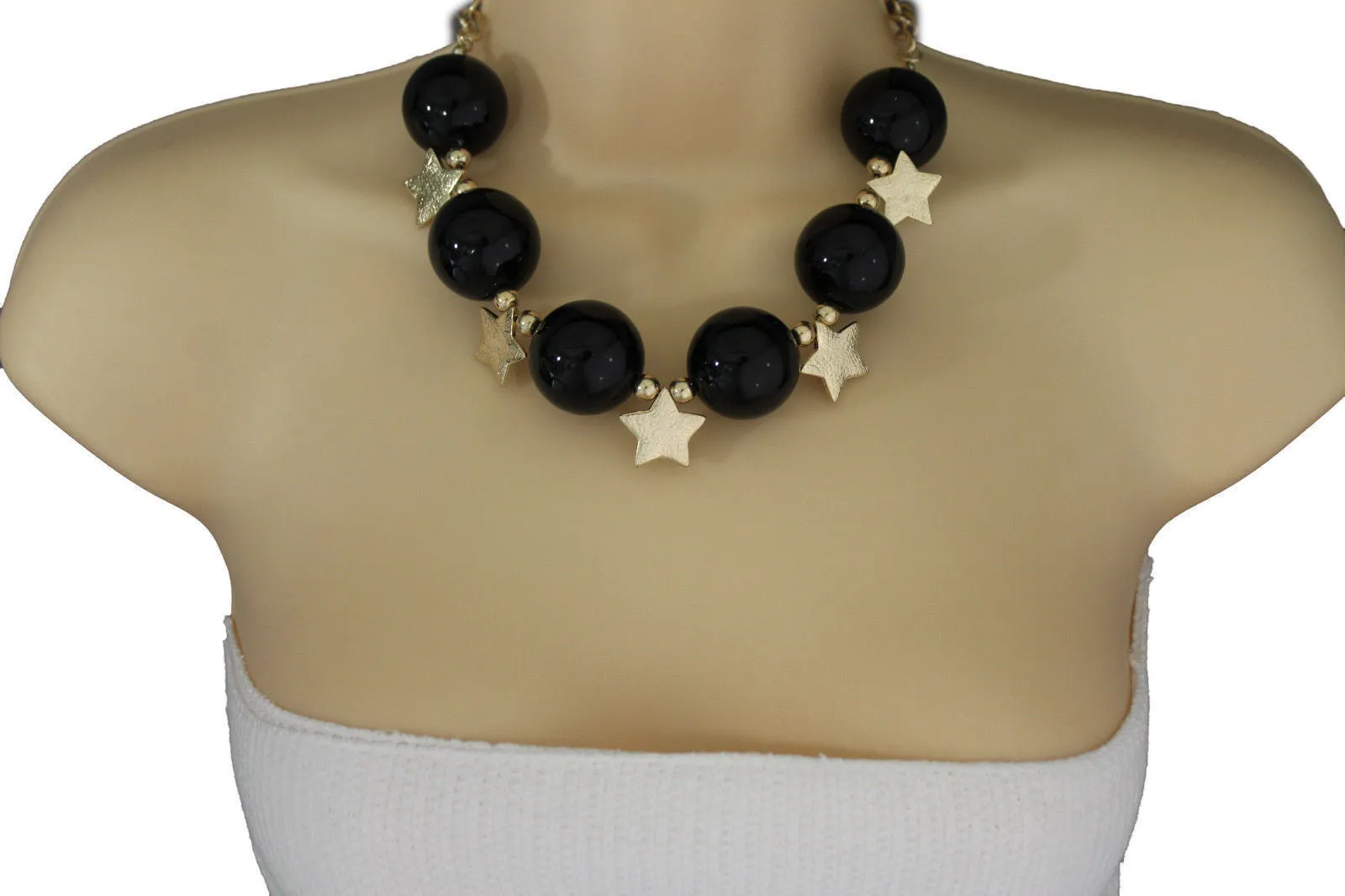 Large Circular Beads with Metal Stars Short Necklace & Earrings Set