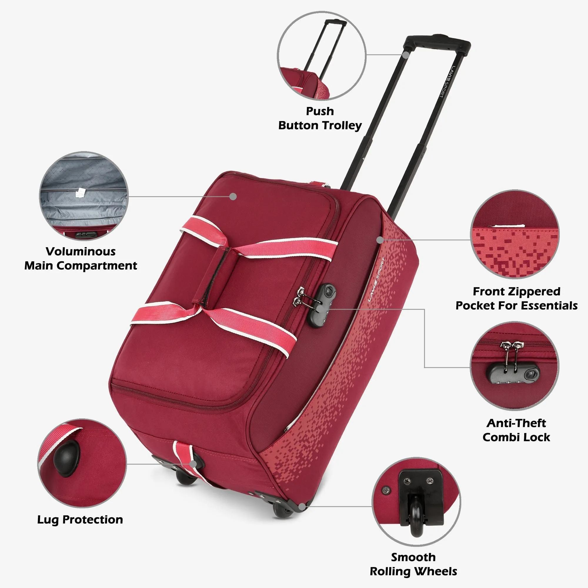 Lavie Sport Cabin Size 56 Litre Pixel Wheel Duffle Bag| | 2 Wheel Duffle Bag Maroon