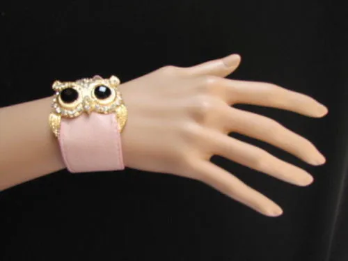 Leather Strap Nude Bracelet Gold Owl Black Rhinestone