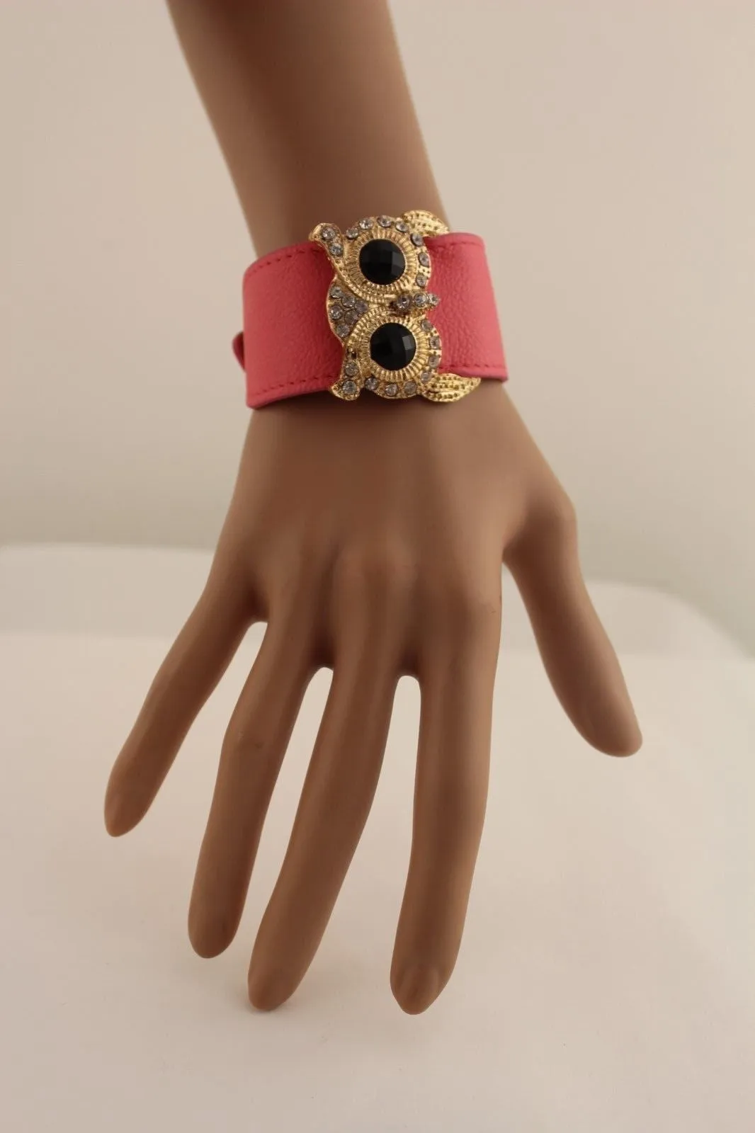 Leather Strap Nude Bracelet Gold Owl Black Rhinestone