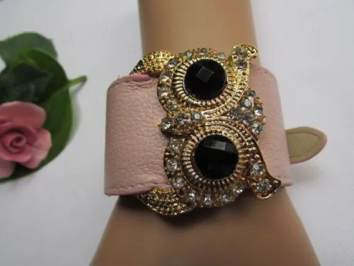 Leather Strap Nude Bracelet Gold Owl Black Rhinestone