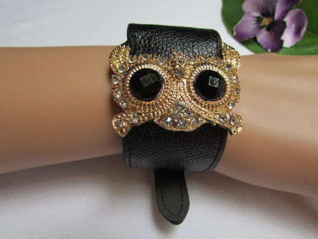 Leather Strap Nude Bracelet Gold Owl Black Rhinestone