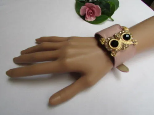 Leather Strap Nude Bracelet Gold Owl Black Rhinestone