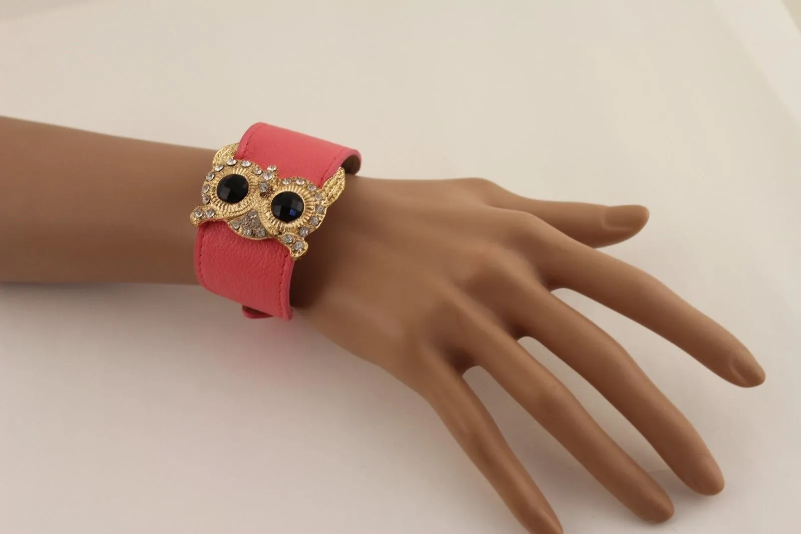 Leather Strap Nude Bracelet Gold Owl Black Rhinestone