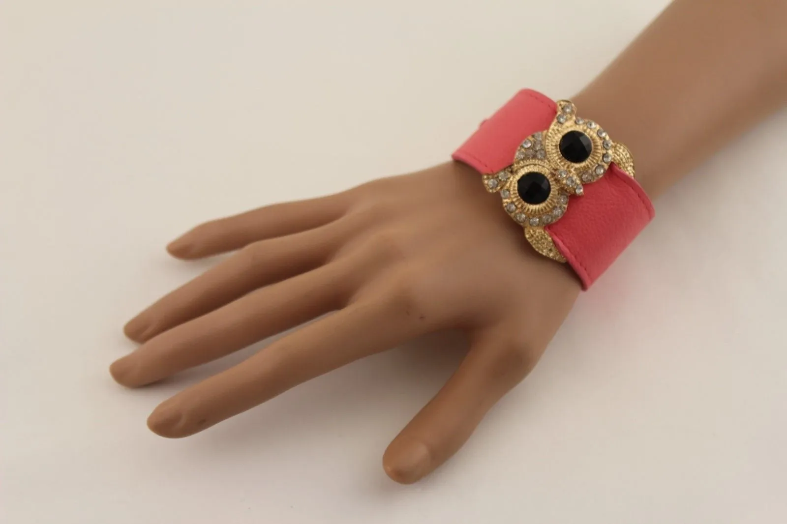 Leather Strap Nude Bracelet Gold Owl Black Rhinestone