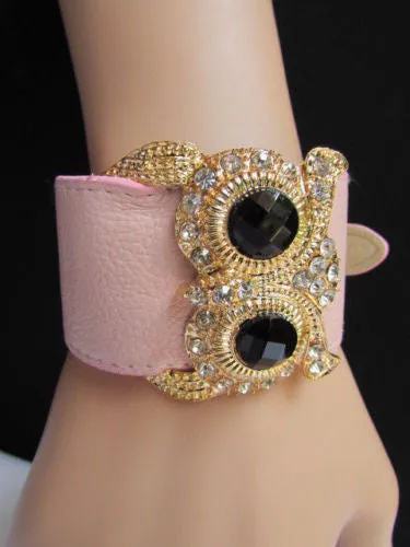 Leather Strap Nude Bracelet Gold Owl Black Rhinestone