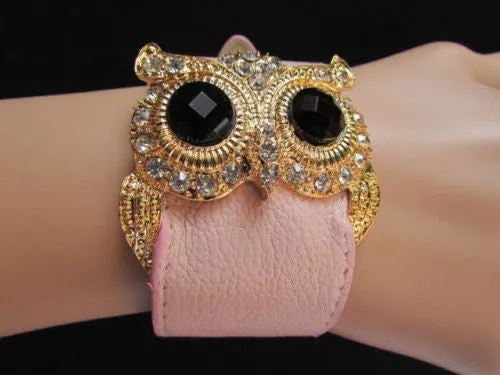 Leather Strap Nude Bracelet Gold Owl Black Rhinestone