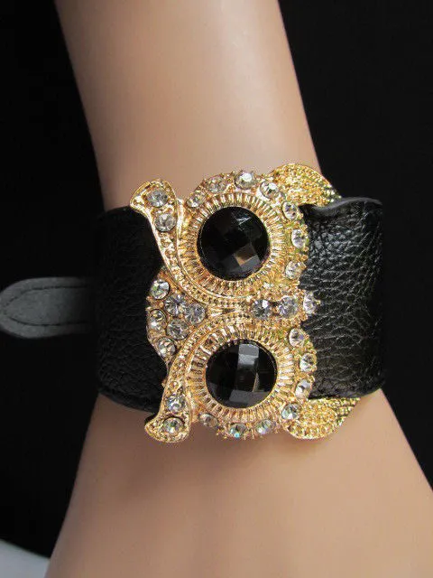 Leather Strap Nude Bracelet Gold Owl Black Rhinestone