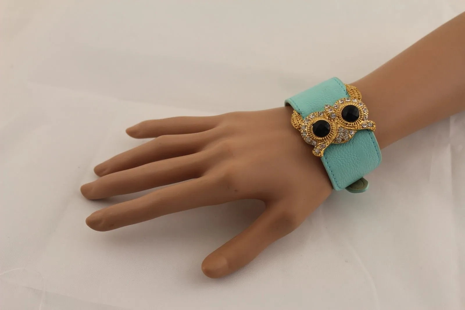 Leather Strap Nude Bracelet Gold Owl Black Rhinestone