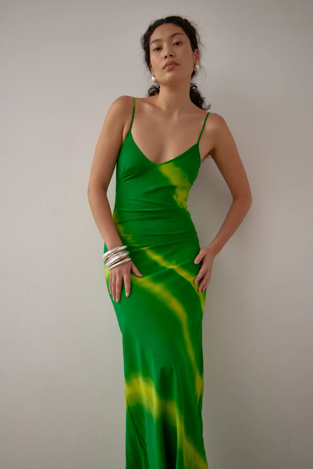 MILKA BIAS CAMI DRESS- GREEN HAND PAINTED SILK SATIN