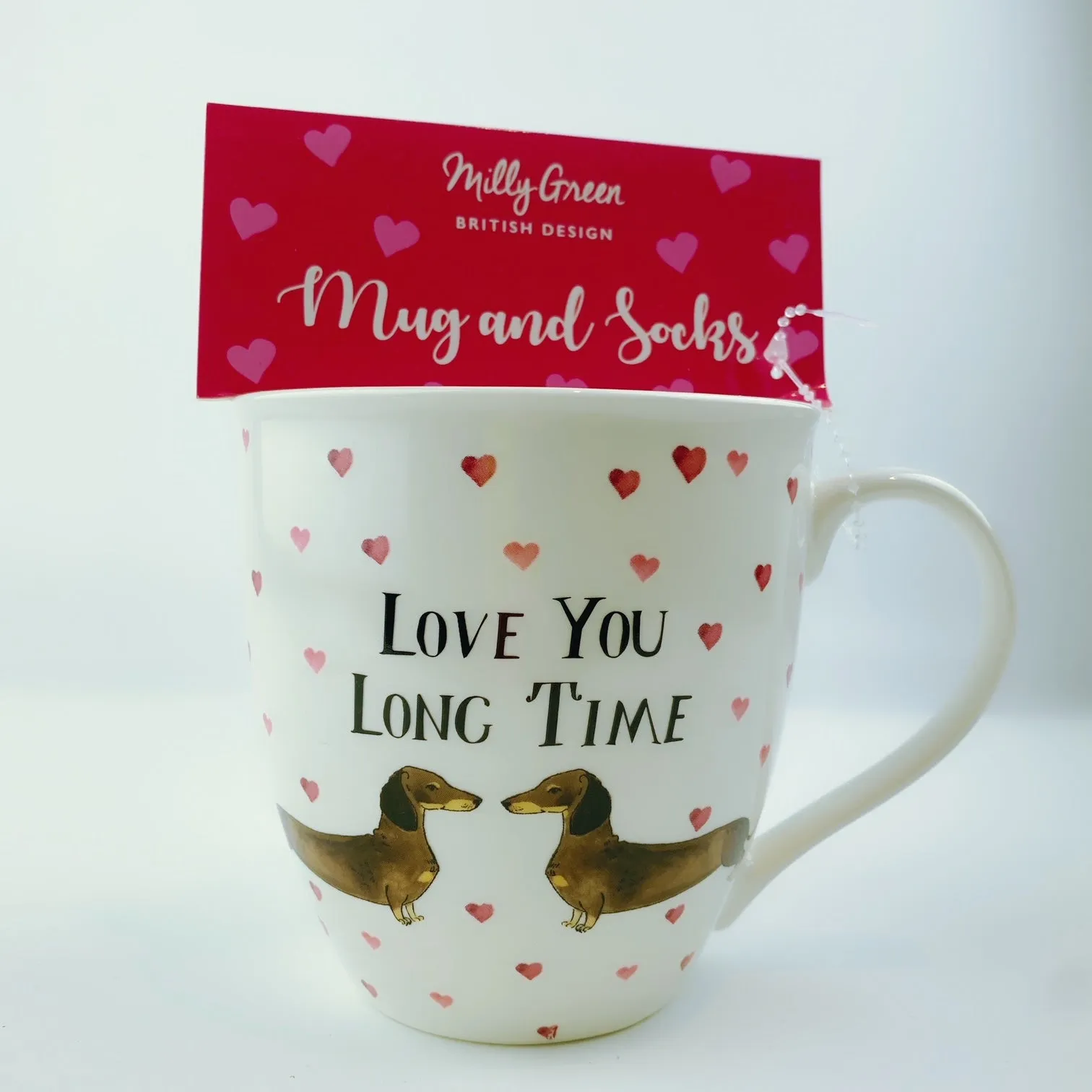 Milly Green British Design Love You Long Time Dachshund Dog Coffee Mug Tea Cup With Sock Set