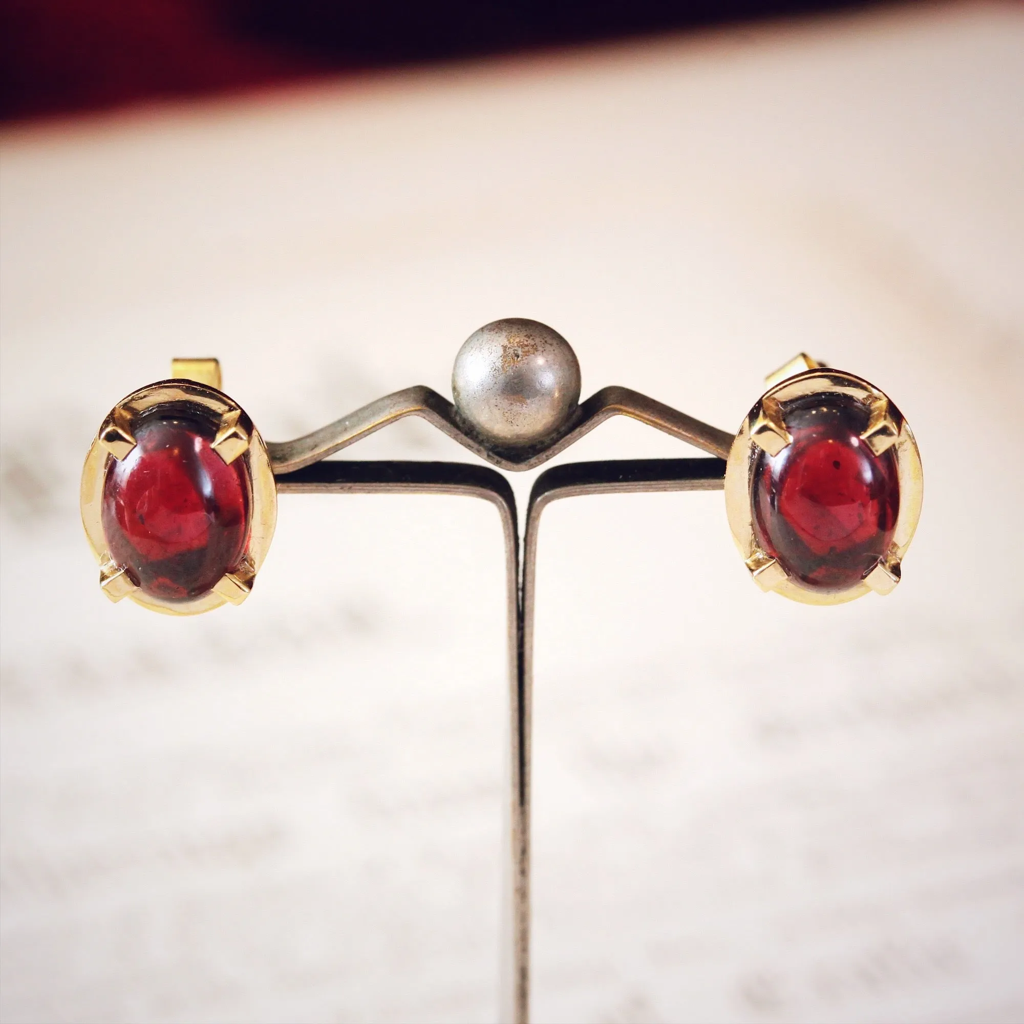 Modernist Styled Garnet Cabochon Stud Earrings