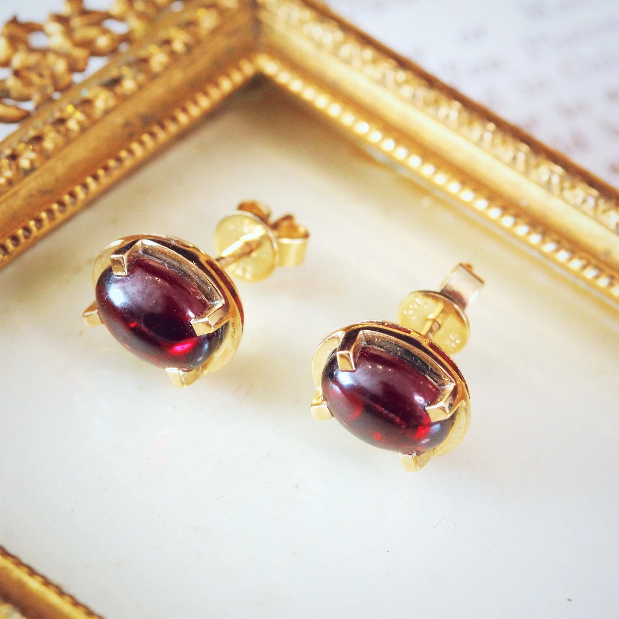 Modernist Styled Garnet Cabochon Stud Earrings