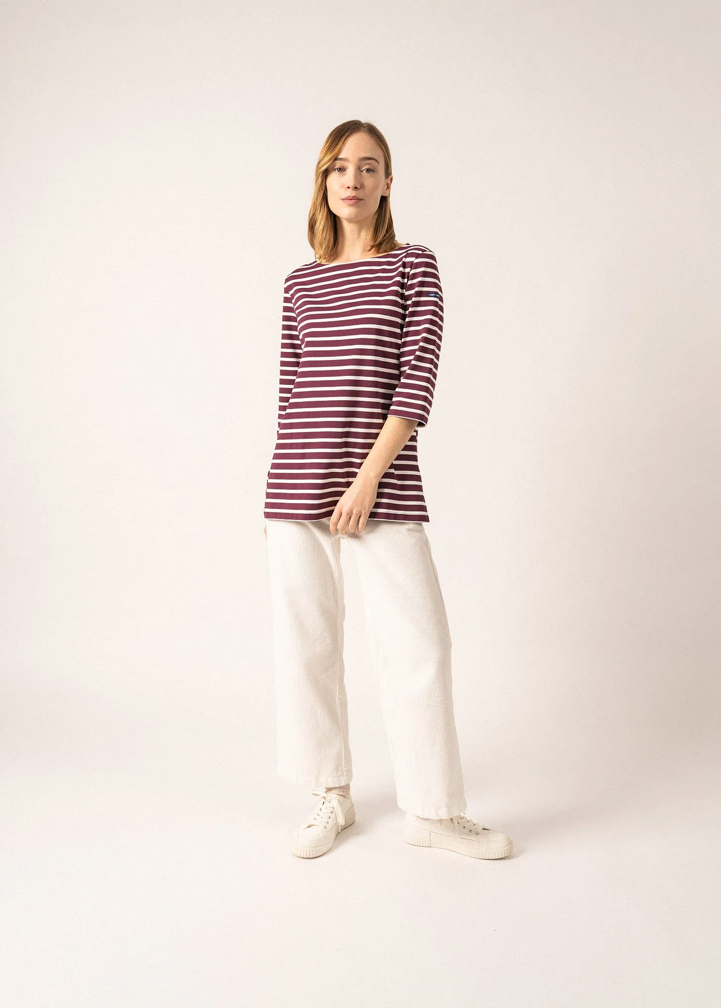 PHARE - Boat Neck Striped Tunic with Slits | Stretch fabric with UV Protection (PLUM / IVORY)