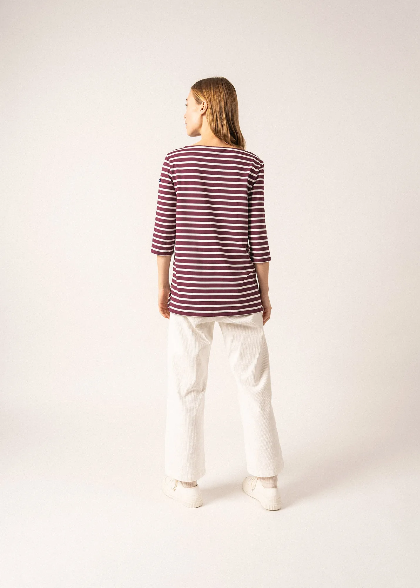 PHARE - Boat Neck Striped Tunic with Slits | Stretch fabric with UV Protection (PLUM / IVORY)