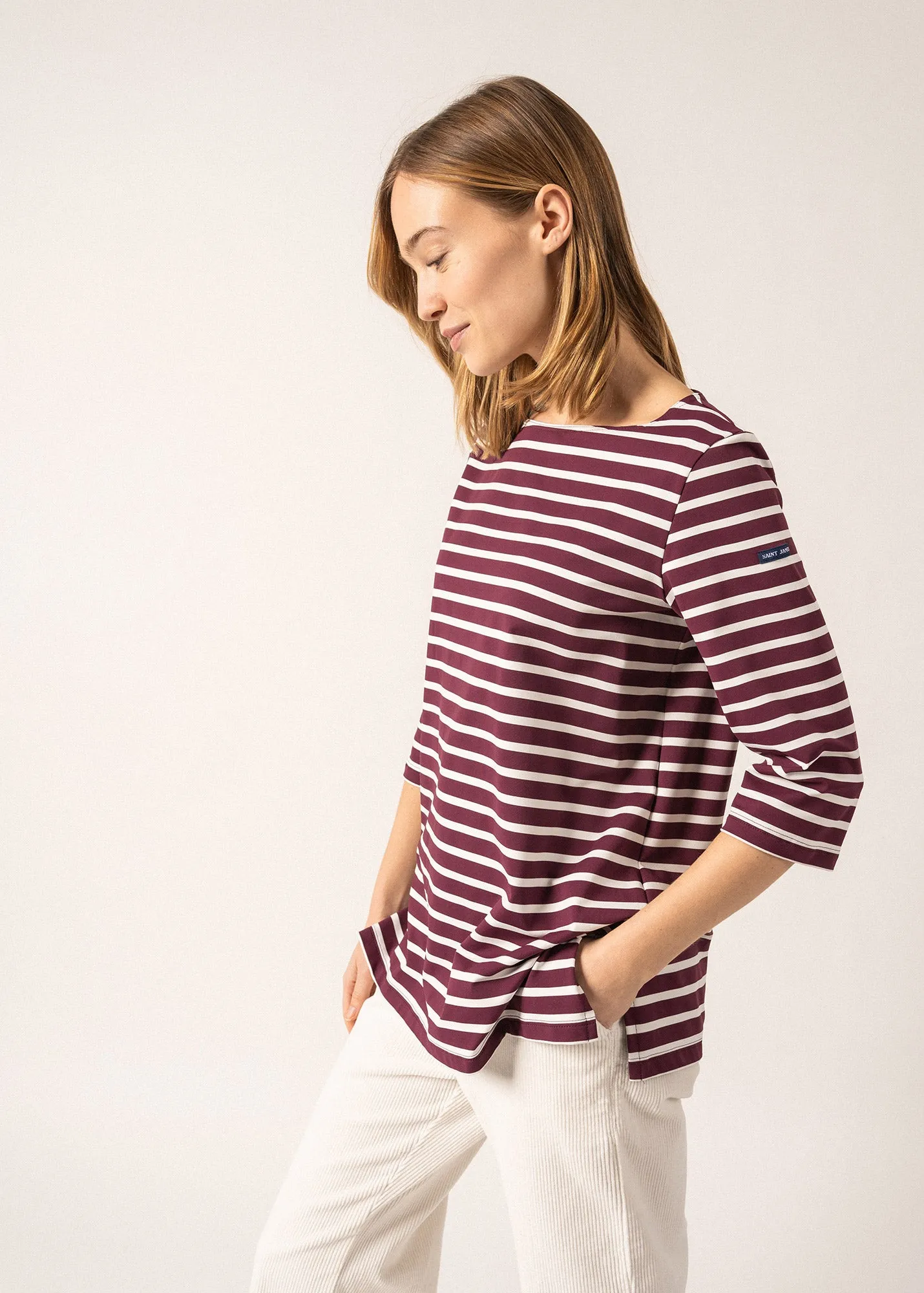 PHARE - Boat Neck Striped Tunic with Slits | Stretch fabric with UV Protection (PLUM / IVORY)