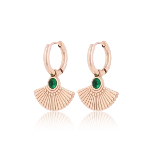 Rose gold coloured hoop earrings with a peacock tail