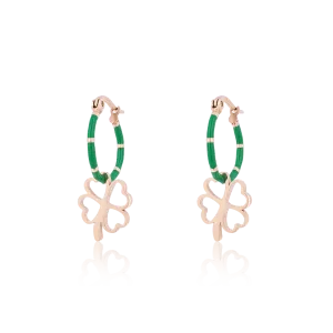 Rose gold coloured/green hoop earrings with a clover charm