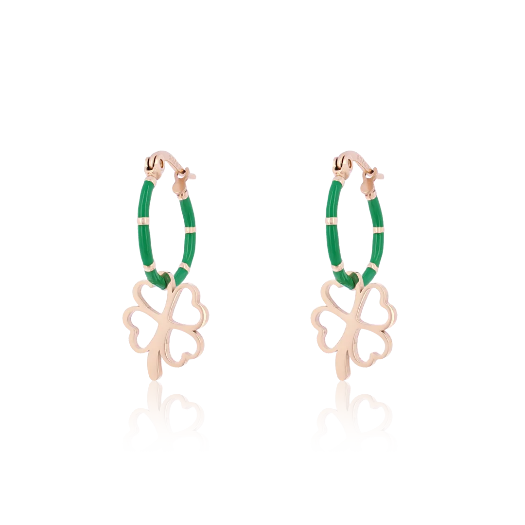 Rose gold coloured/green hoop earrings with a clover charm