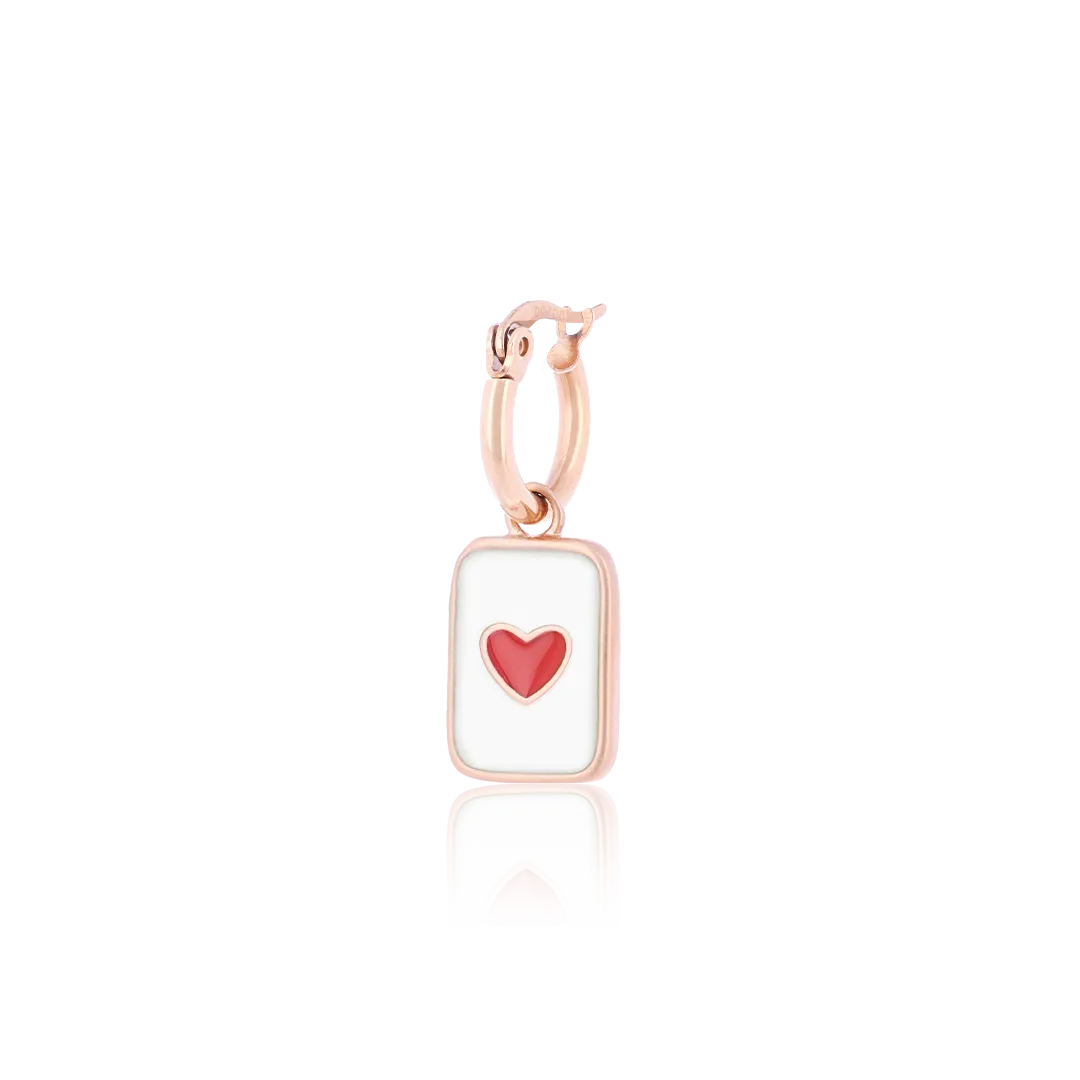 Rose gold coloured/red hoop earring with a heart plate