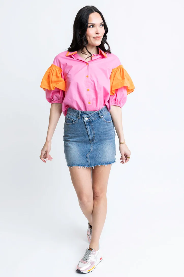 Ruffle Colorblock Sleeve Top